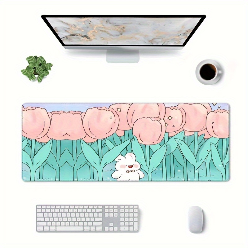 Kawaii Cartoon Rabbit Desk Mat, Tulip Desk Pad Anime Flowers