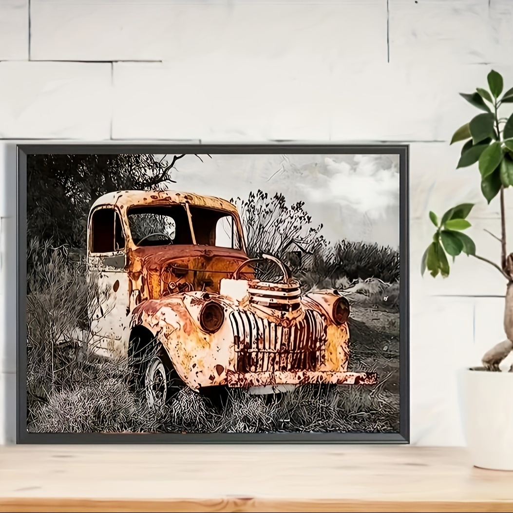 1pc Frame Art Diamond Painting DIY Rusty Truck Canvas Wall Art Vintage Car Picture Living Room Decoration Rural Style Artwork Mounting Diamond Pai