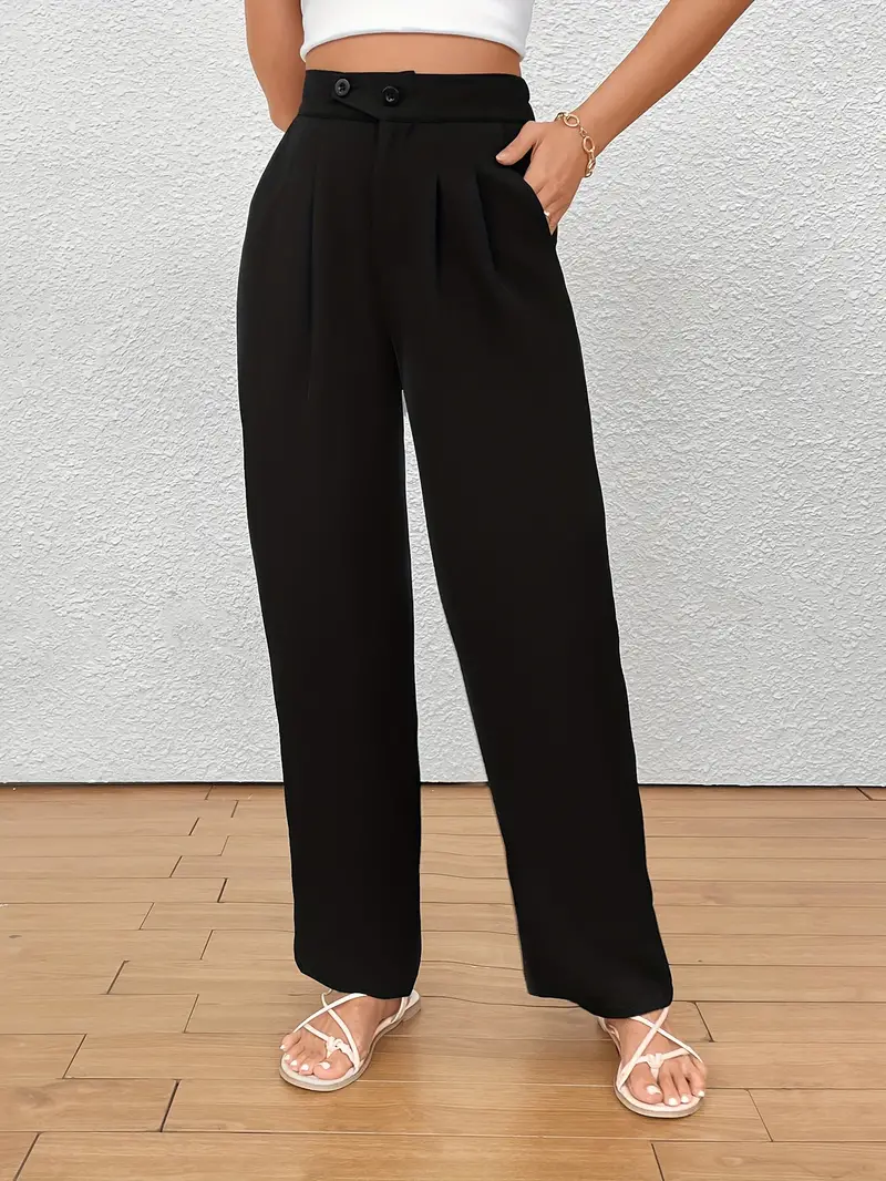 Solid Pleated Straight Leg Pants, Casual Button High Waist Slant Pocket  Pants, Women's Clothing