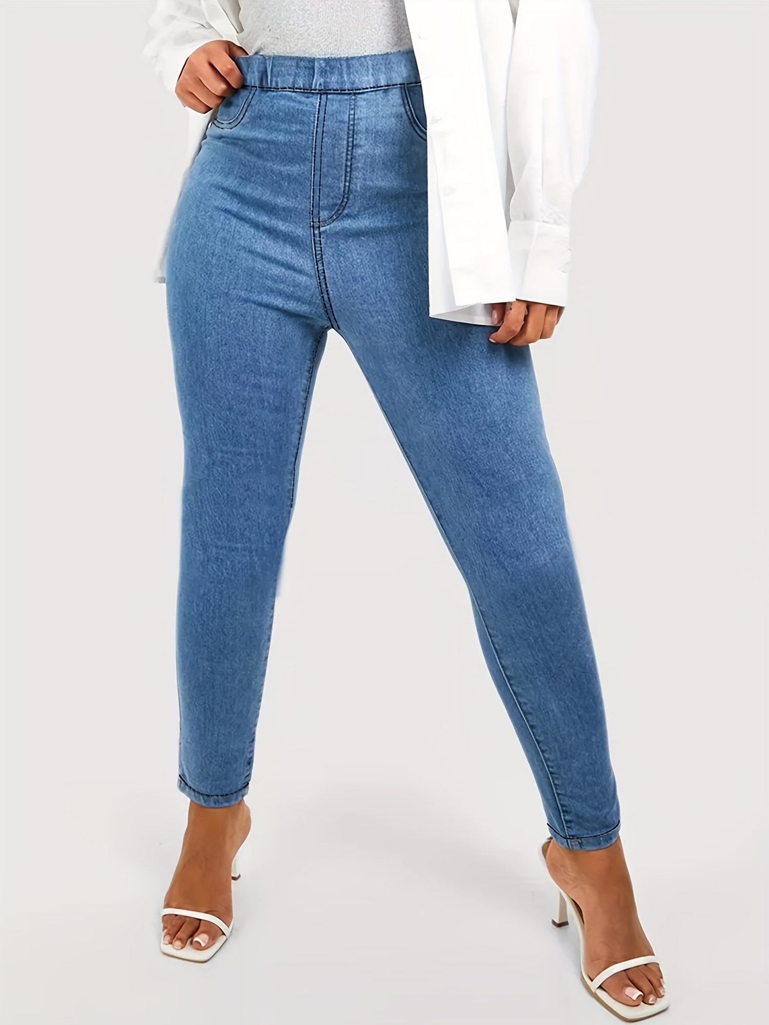 Plus Size Basic Jeans Women's Plus Elastic Waist Solid High - Temu