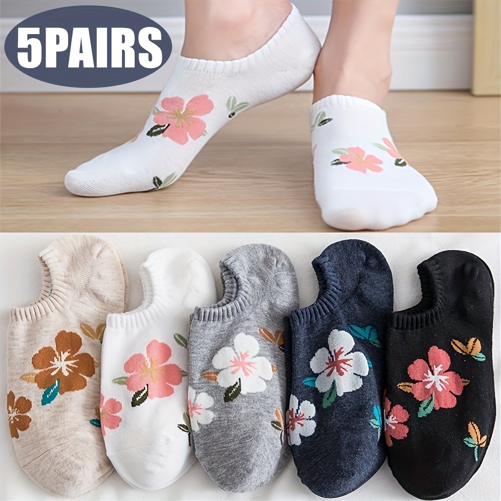 5 Pairs of Women's Cotton Socks with Fashion Flowers