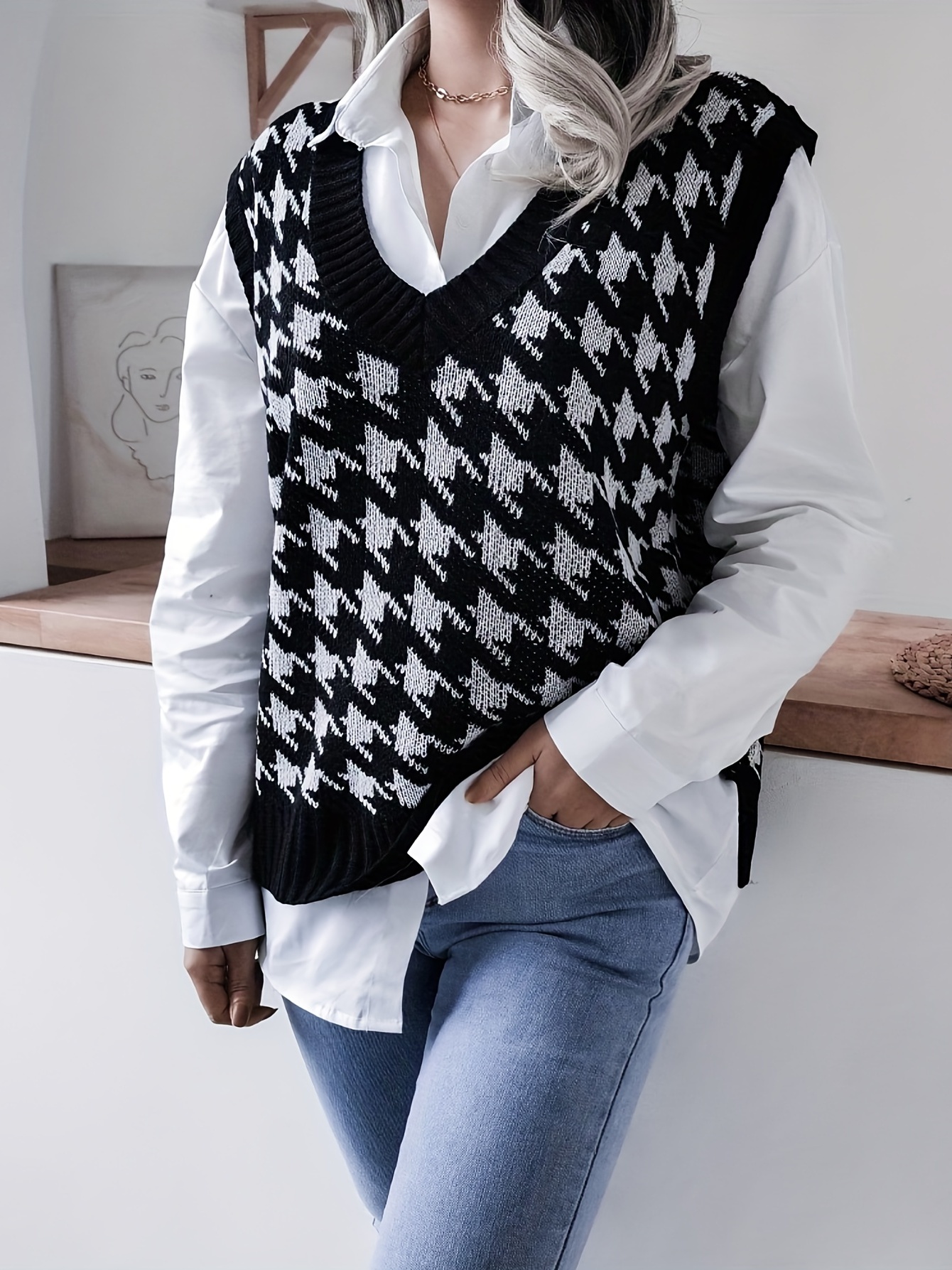 Houndstooth Loose Sweater Vests, Casual V-Neck Sleeveless Fall Winter Knit  Sweater Vest, Women's Clothing