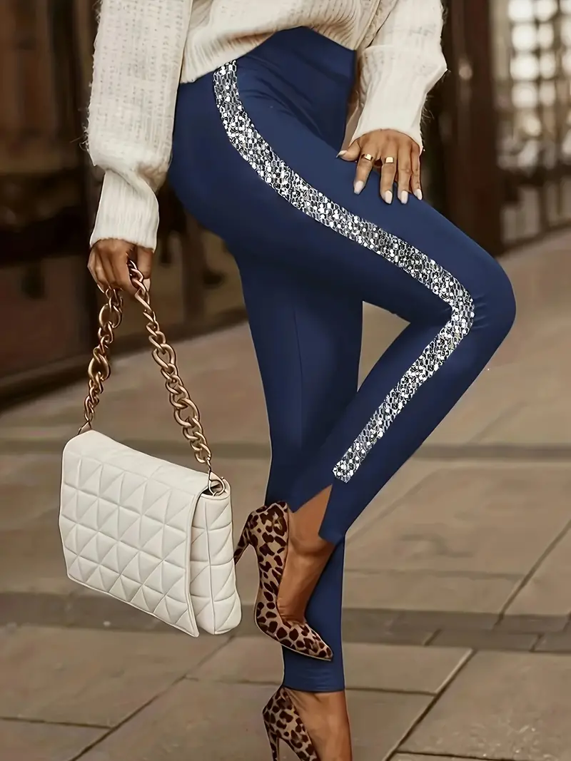 Sequin Decor Skinny Leggings Elegant High Waist Split - Temu