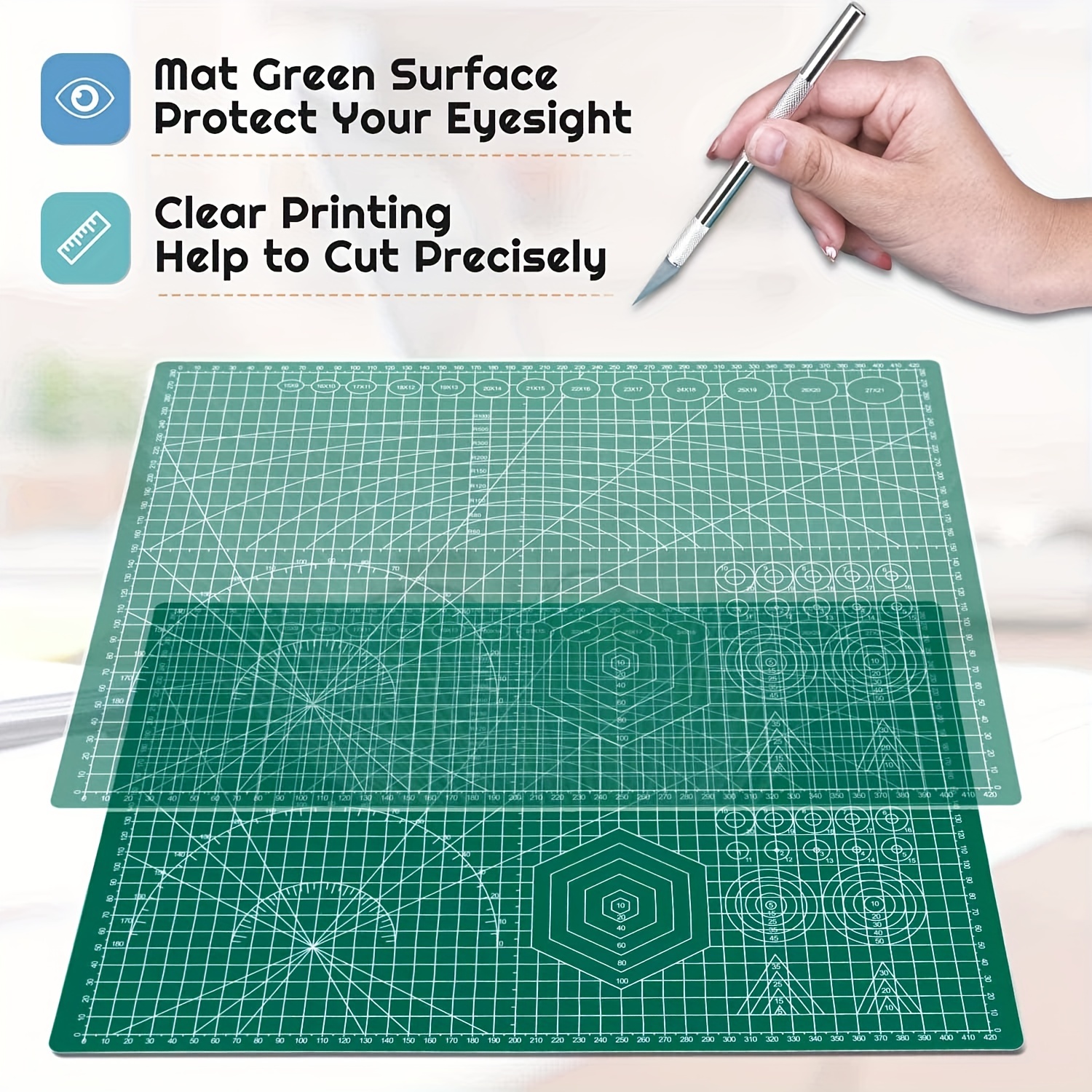 Self Healing PVC Cutting Mat,Sewing Mat,Double Sided,Craft Cutting Mat With  Accurate Guide Grid Lines Design For  Craft,Fabric,Quilting,Sewing,Scrapbooking Project,Green,A5/A4/A3