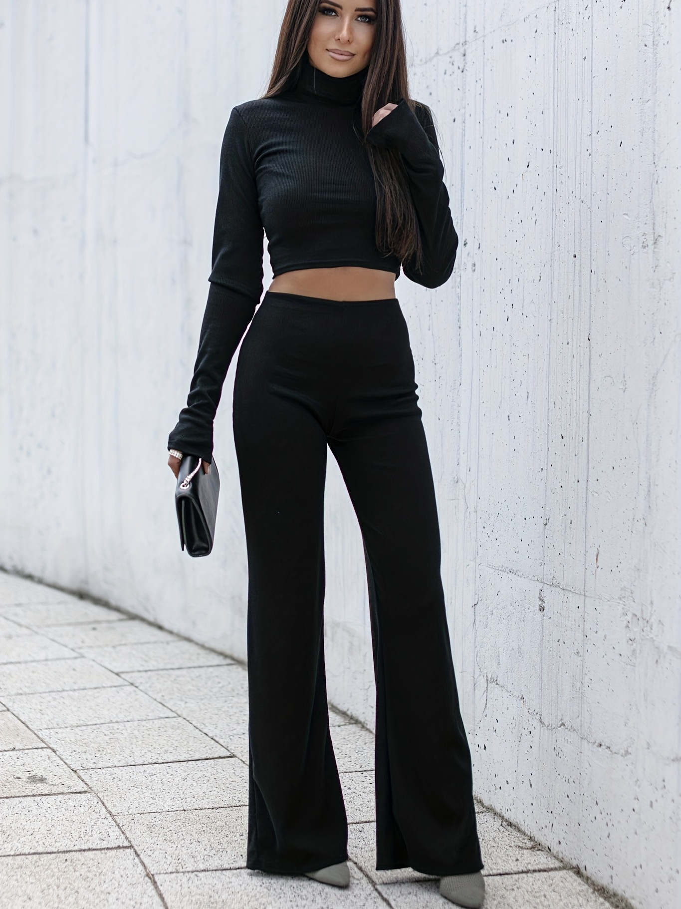 Solid Slim Two-piece Set, Turtle Neck Long Sleeve Crop Top & High Waist  Flare Leg Pants Outfits, Women's Clothing