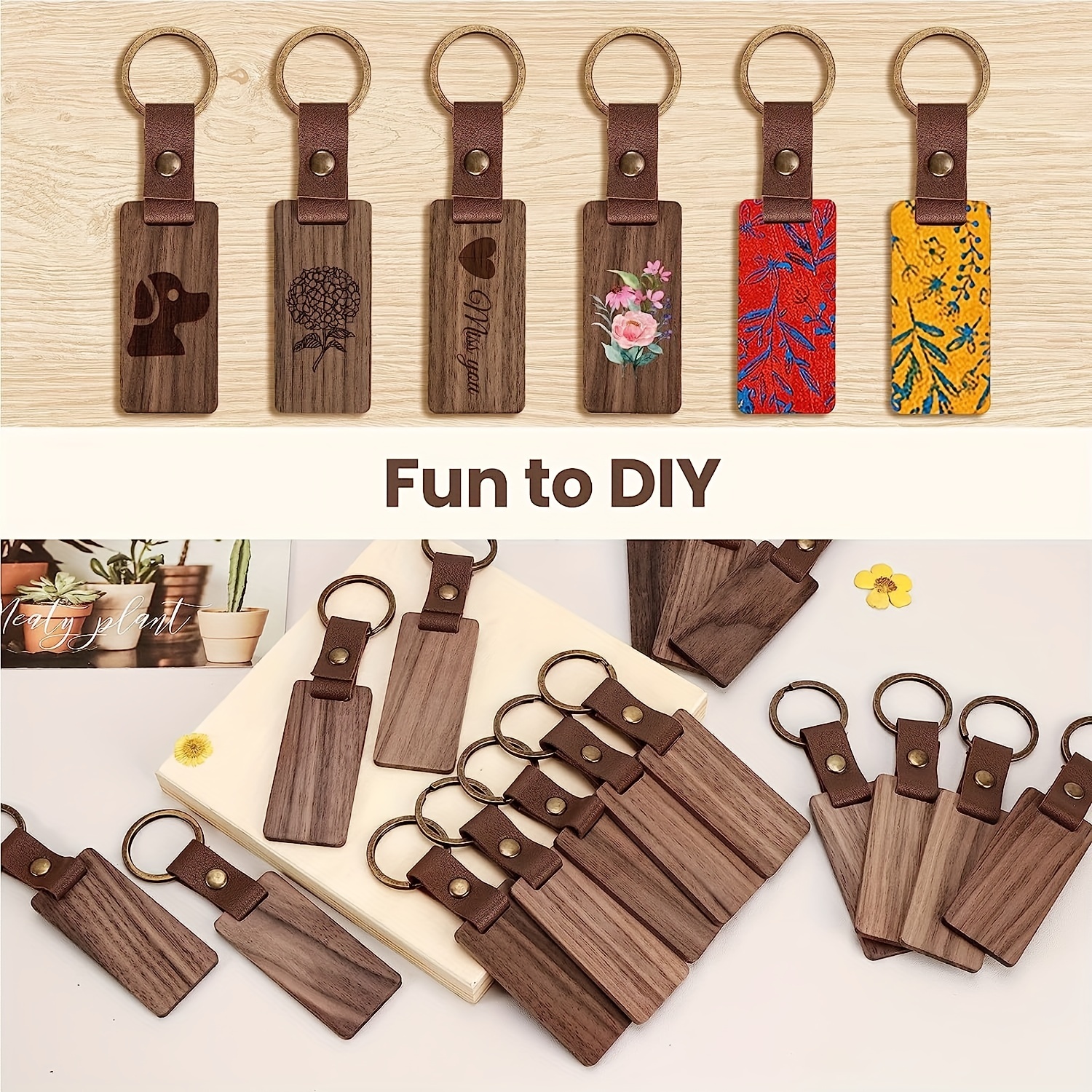 20Packs Wooden Keychain Rectangle Blanks Leather Keychain Blank