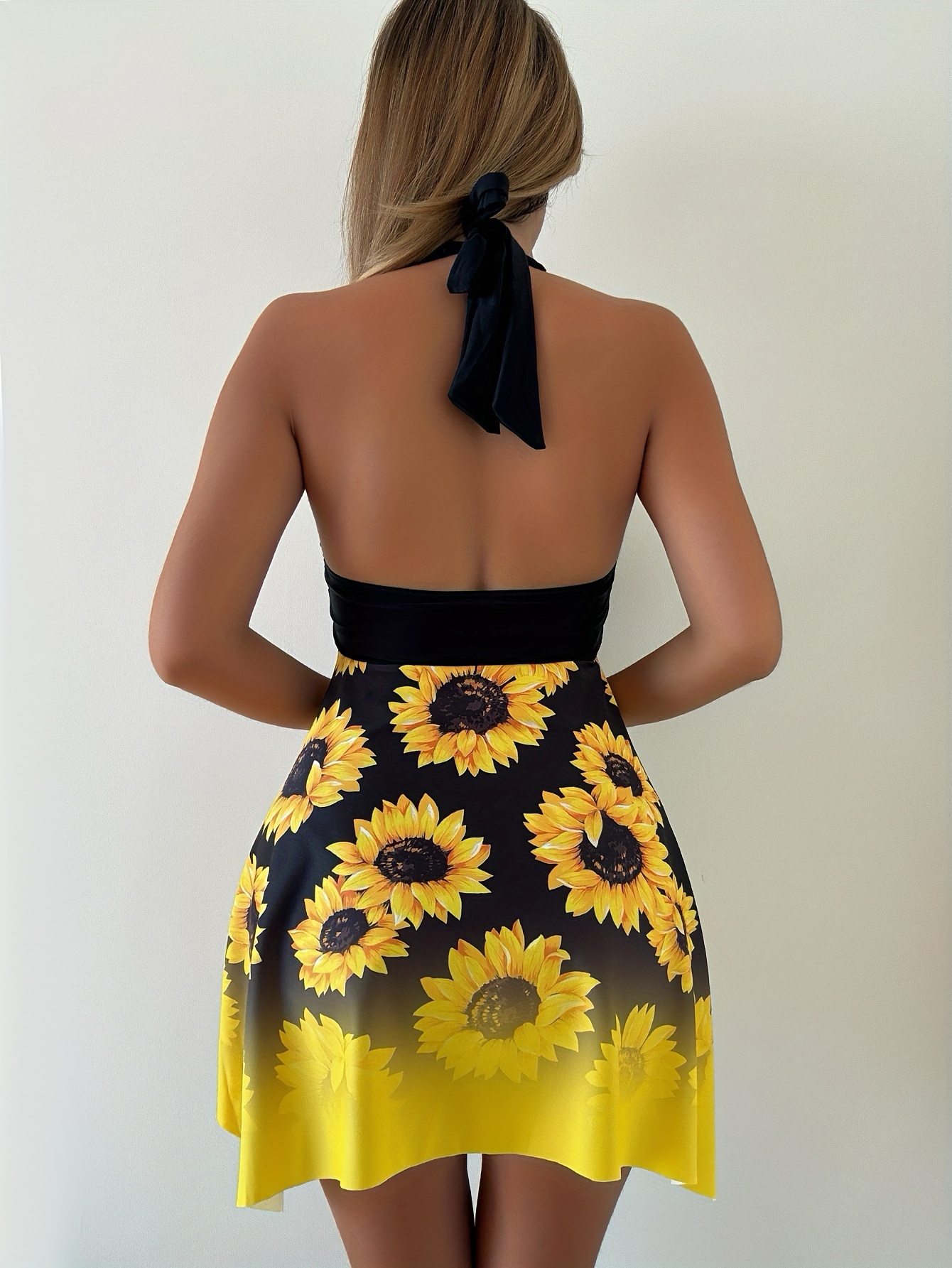 Sunflower Print Two Piece Set Tankini Halter Neck Skirted - Temu Canada