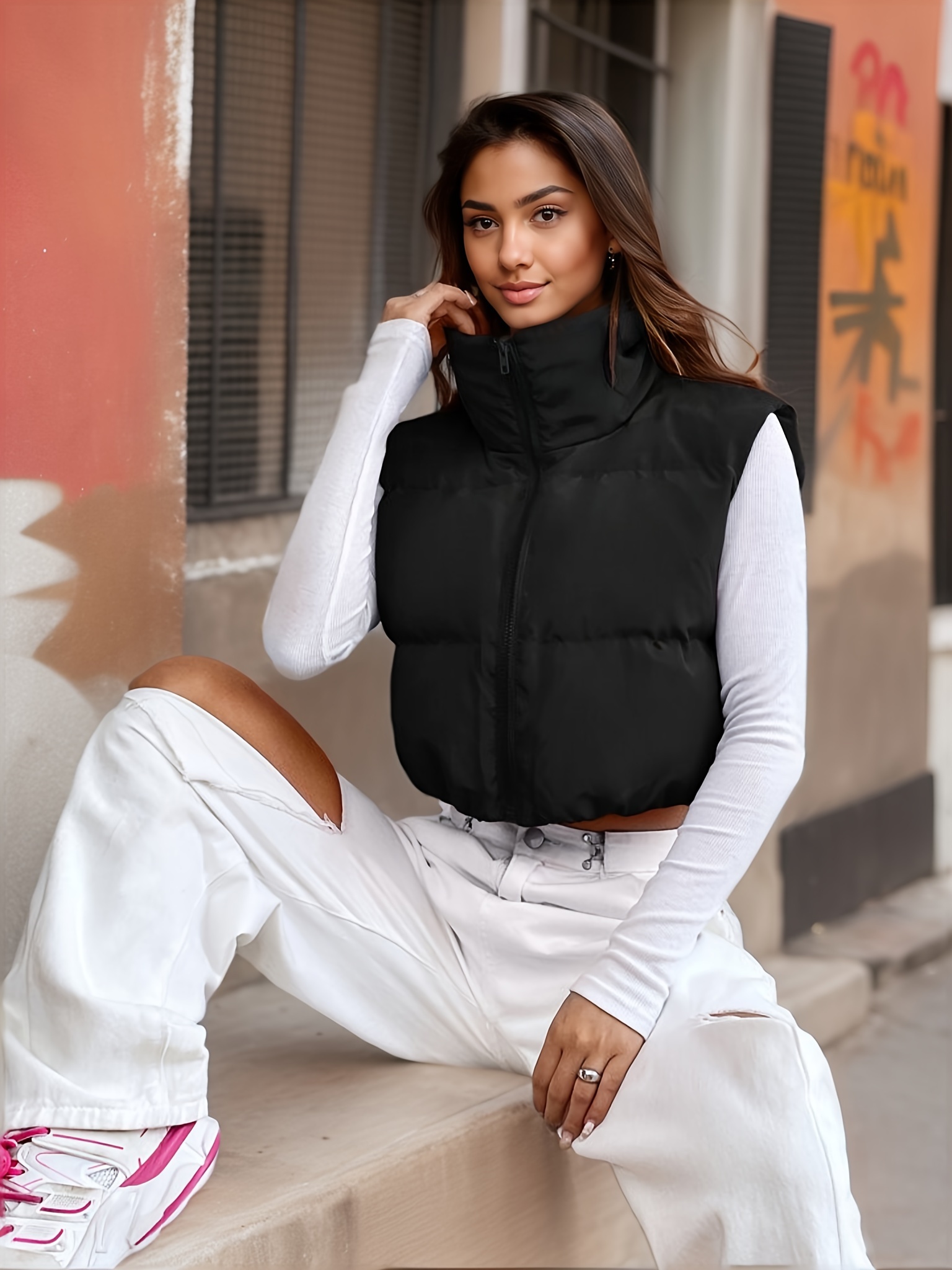 Women's Padded Solid Full zip Cropped Puffer Vest - Temu Canada