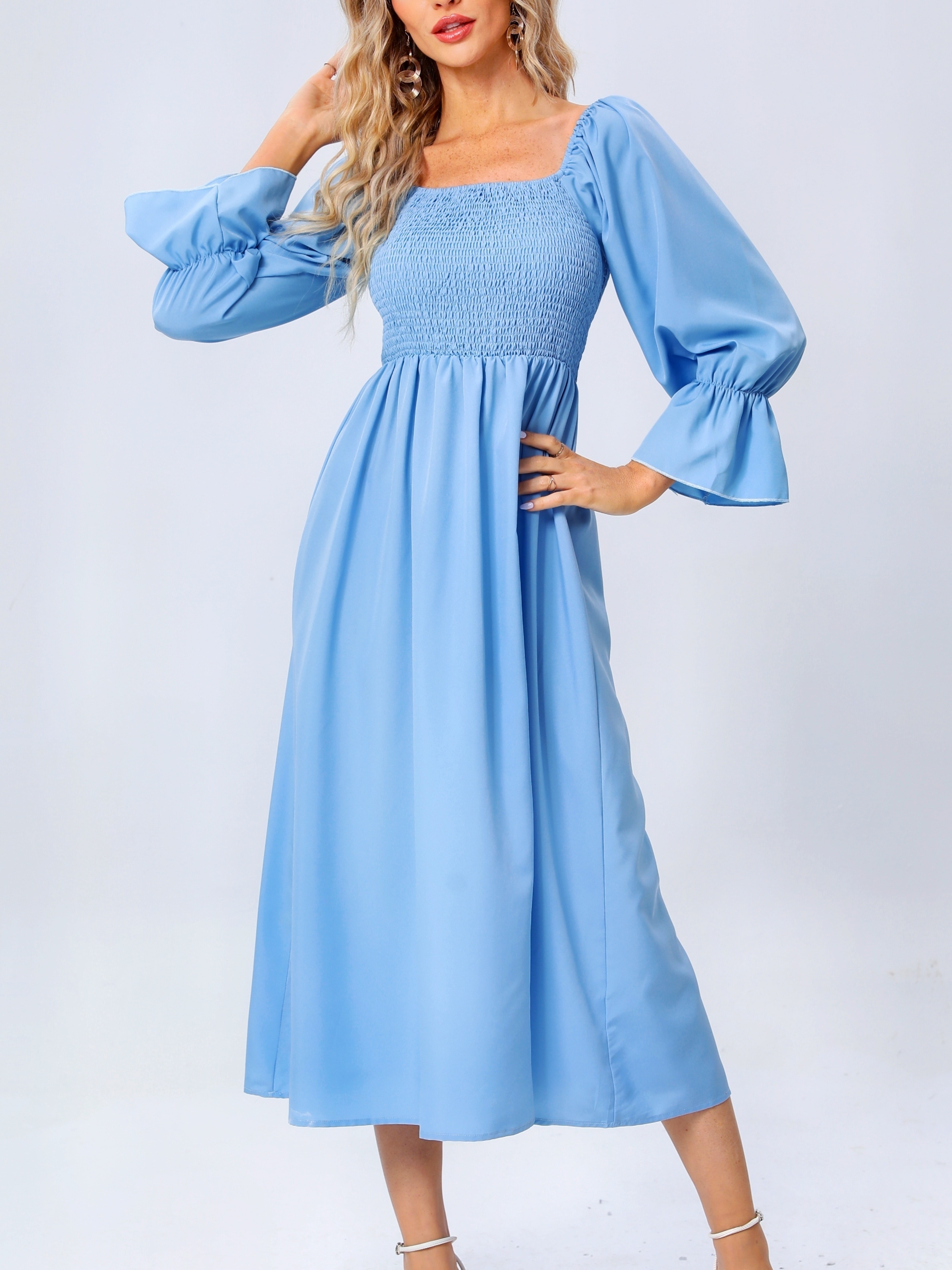 green emerald velvet dress Light Blue Square Neck Midi Dress – Elegant & Flowy main image 1