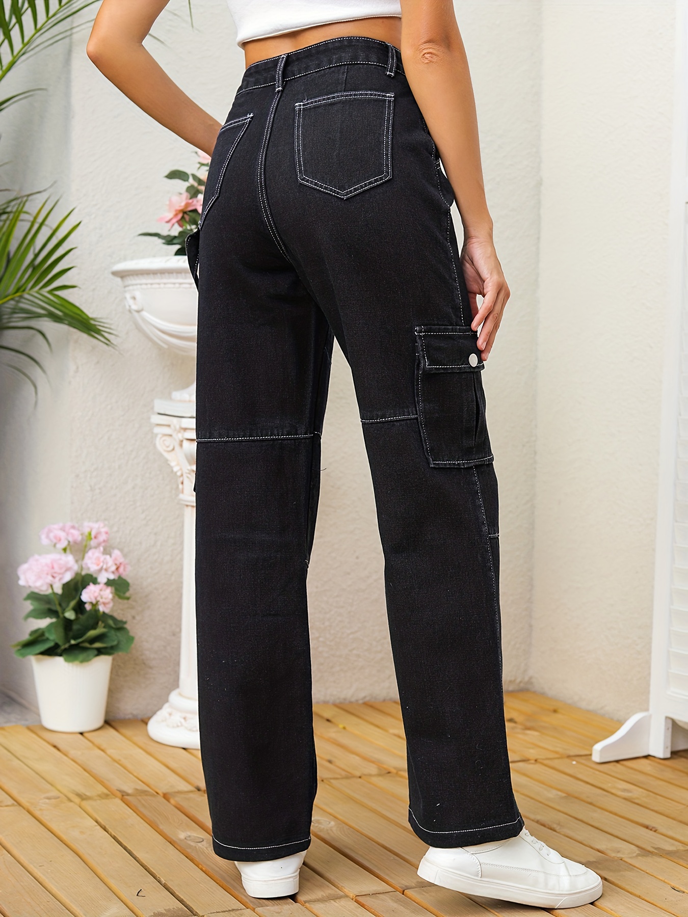 Black Flap Pockets Straight Jeans Loose Fit Non stretch High - Temu