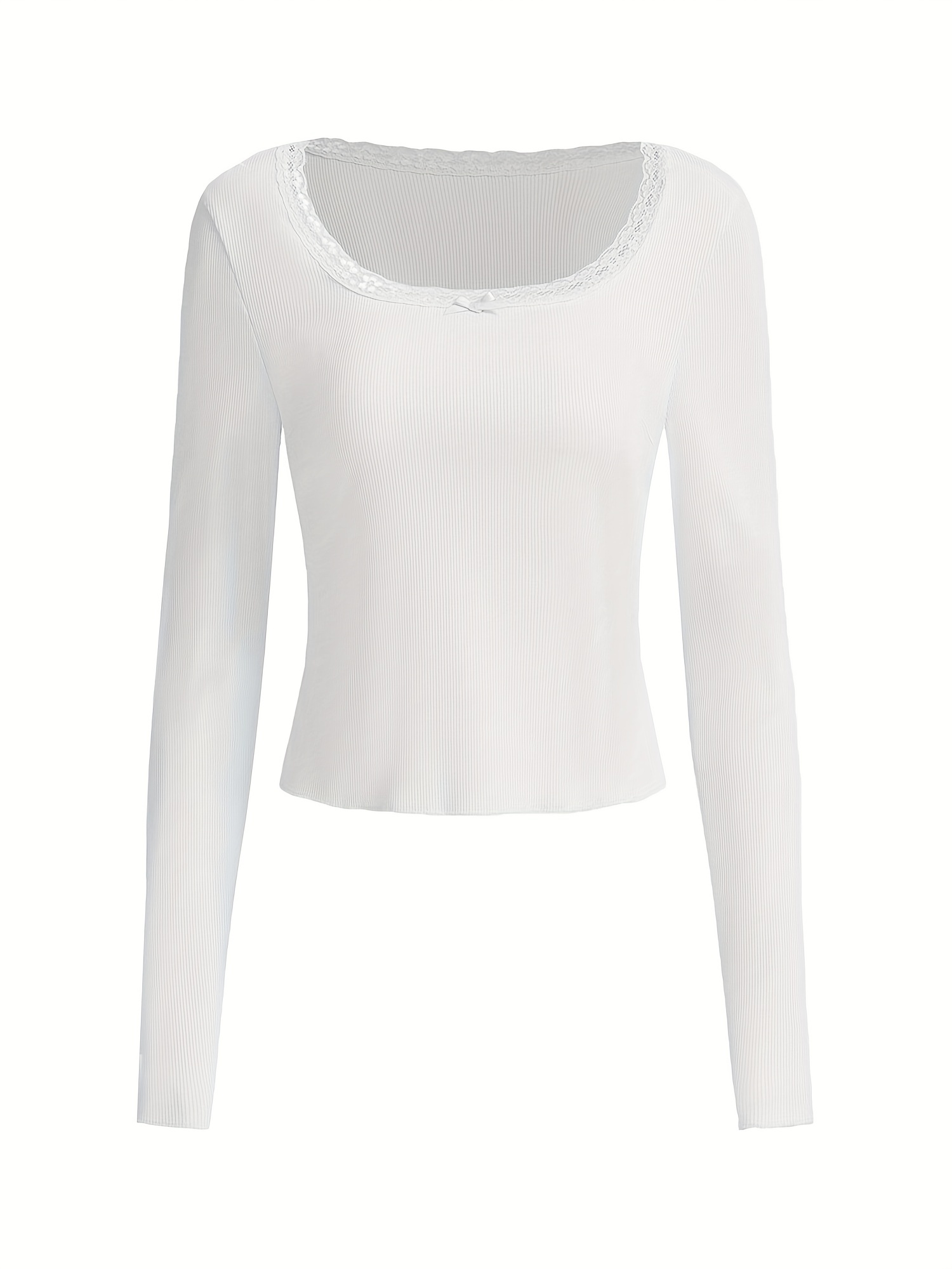 Cropped Lace Trim Long Sleeve Top in White/white