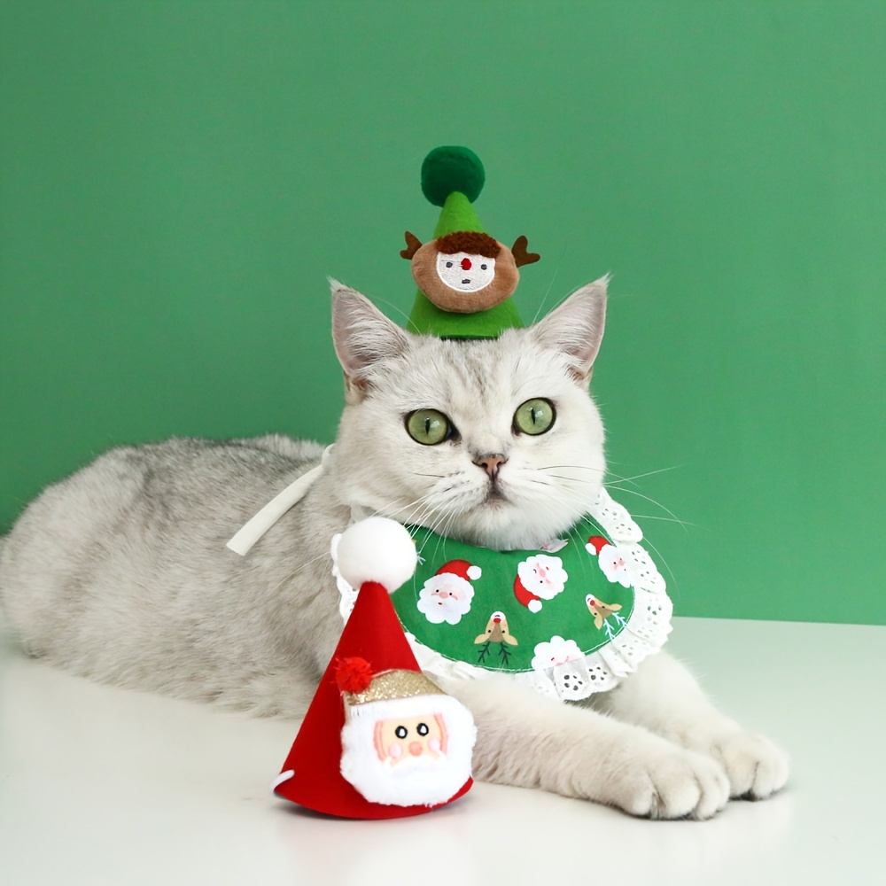 1pc Pet Christmas Clothes Cartoon Plush Santa Red And Green Cat Hat Headdress And Lace Bib Spit Towel Set For Dogs And Kitten Festive Dressing Supplie