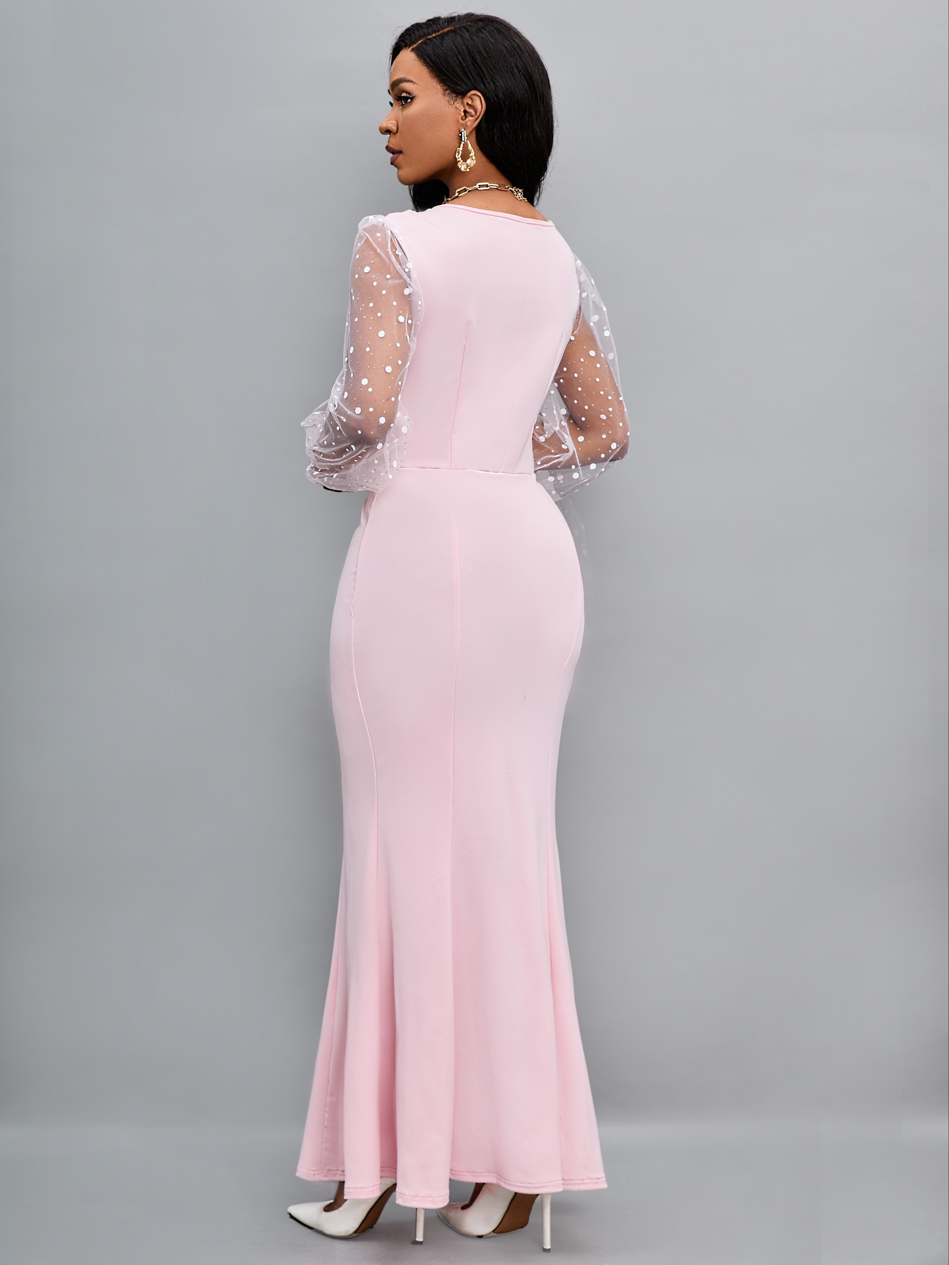 Round Neck Mesh Stitching Dress Elegant Slim Long Sleeve - Temu