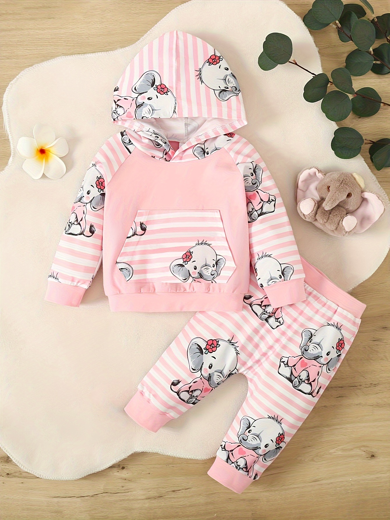 2pcs Baby Cartoon Elephant Pattern Long-sleeve Cotton Pullover and Trousers Set