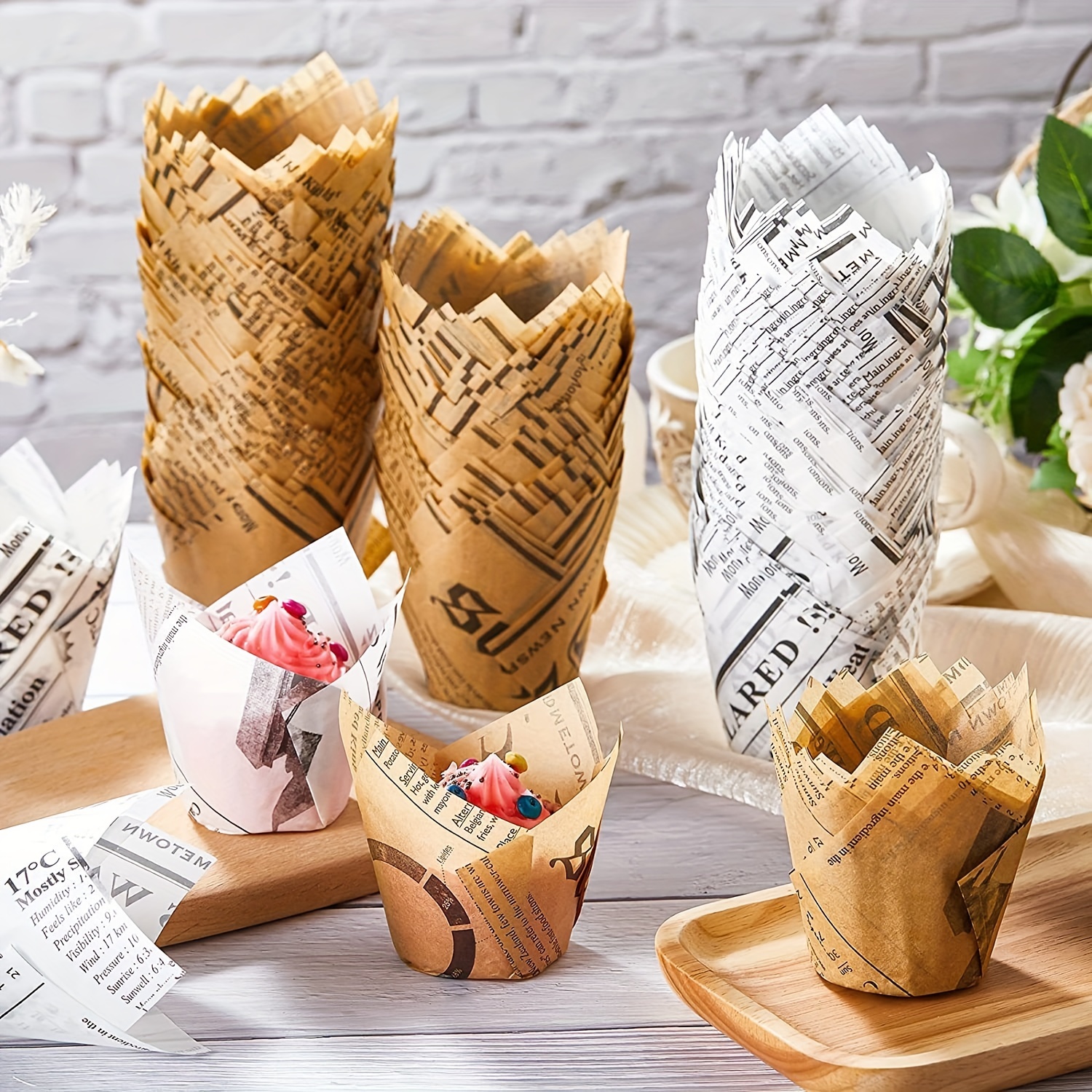 

200pcs, Creative Tulip Muffin Cups - Newspaper Pattern Paper Cupcake & Muffin Liners For Birthday, Wedding, And Holiday Parties