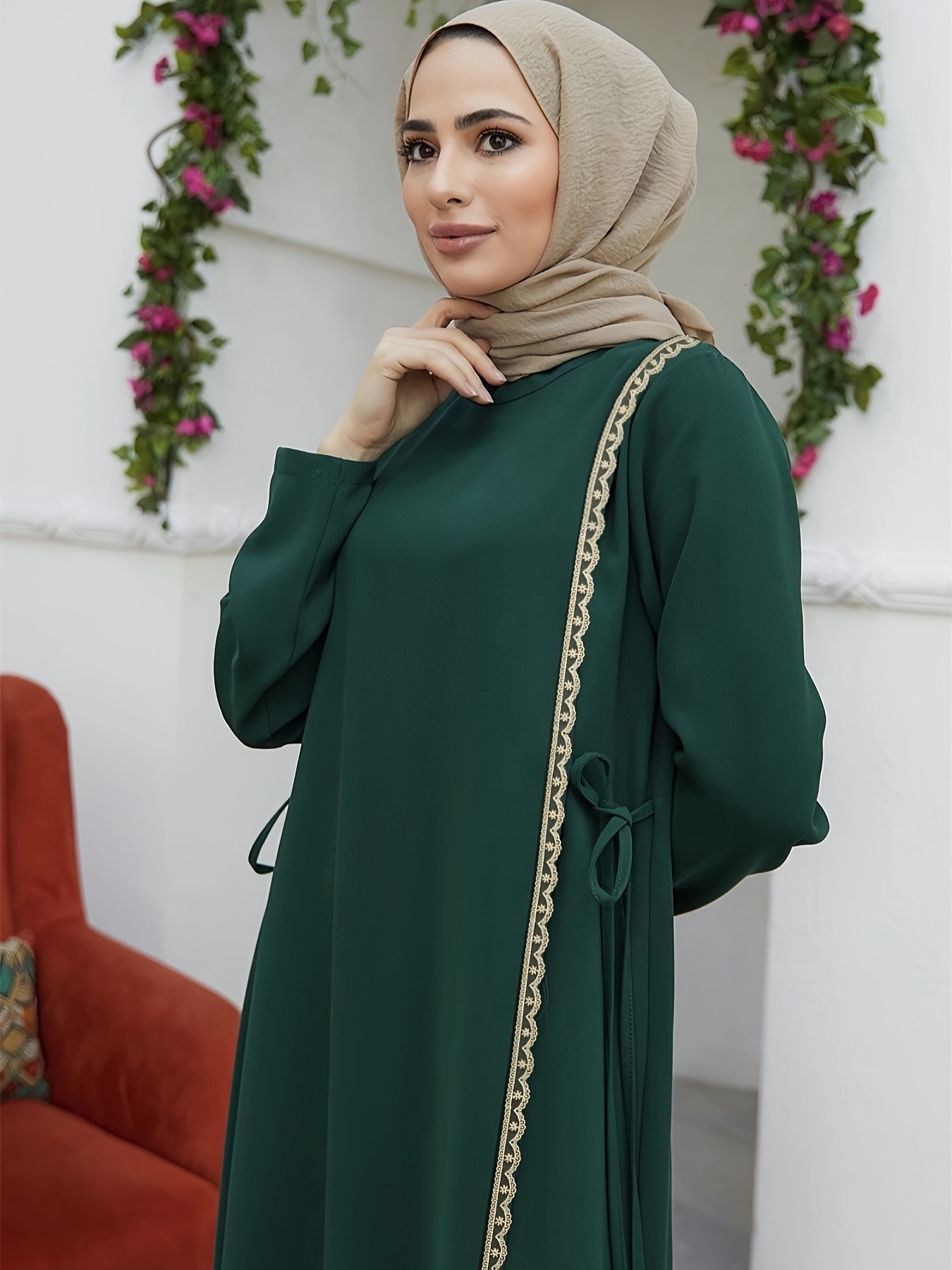 Ramadan Lace Trim Kaftan Dress Casual Long Sleeve Solid - Temu