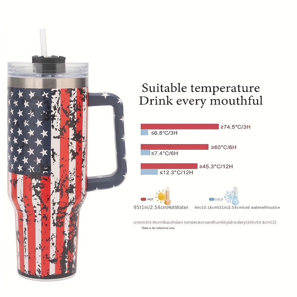 1pc, US Flag Tumbler With Lid And Straw, 40oz Stainless Steel Thermal Water  Bottle With Handle, Portable Drinking Cups, For Car, Home, Office, Summer