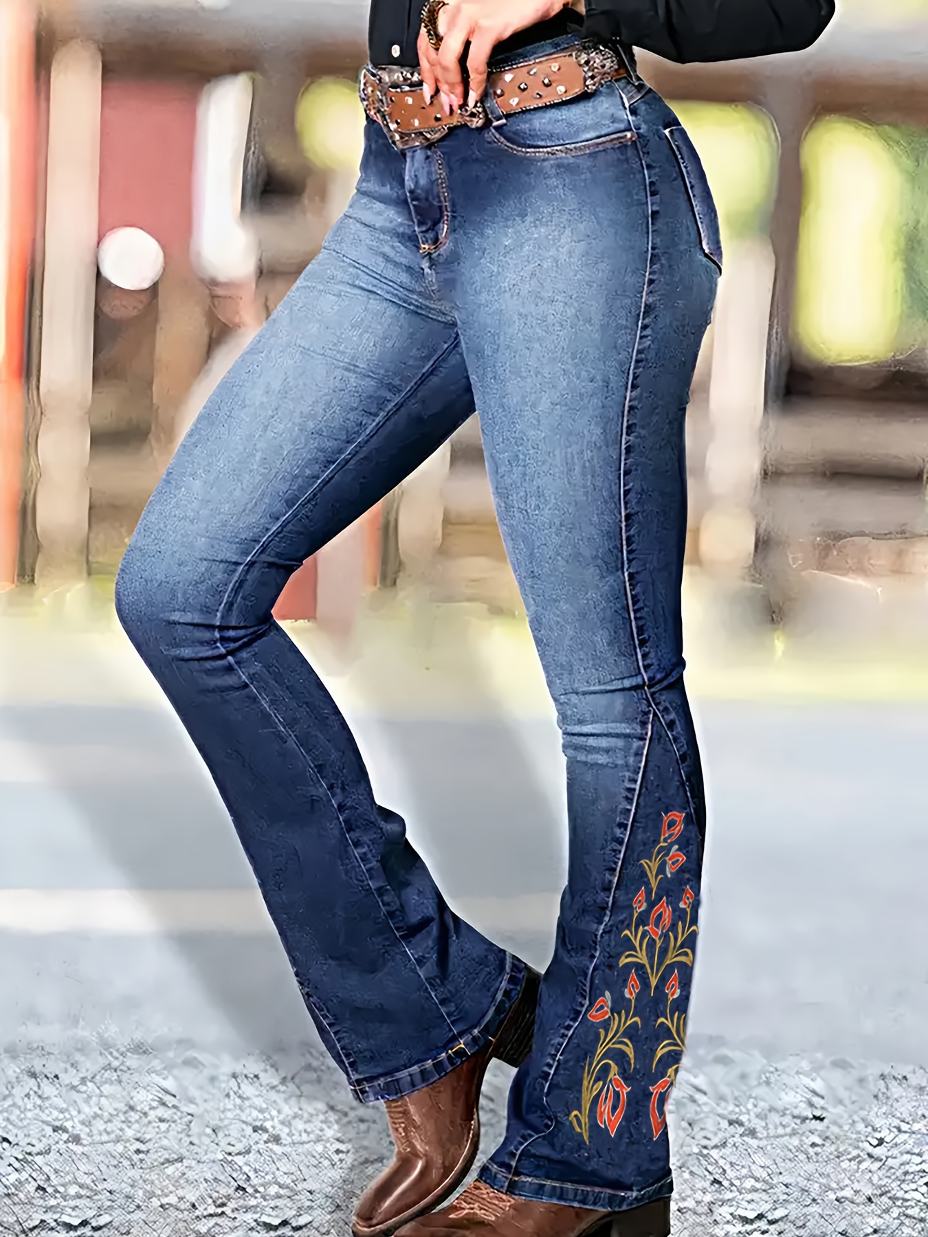 Floral Embroidery Stretchy Flare Leg Jeans Medium Washed - Temu