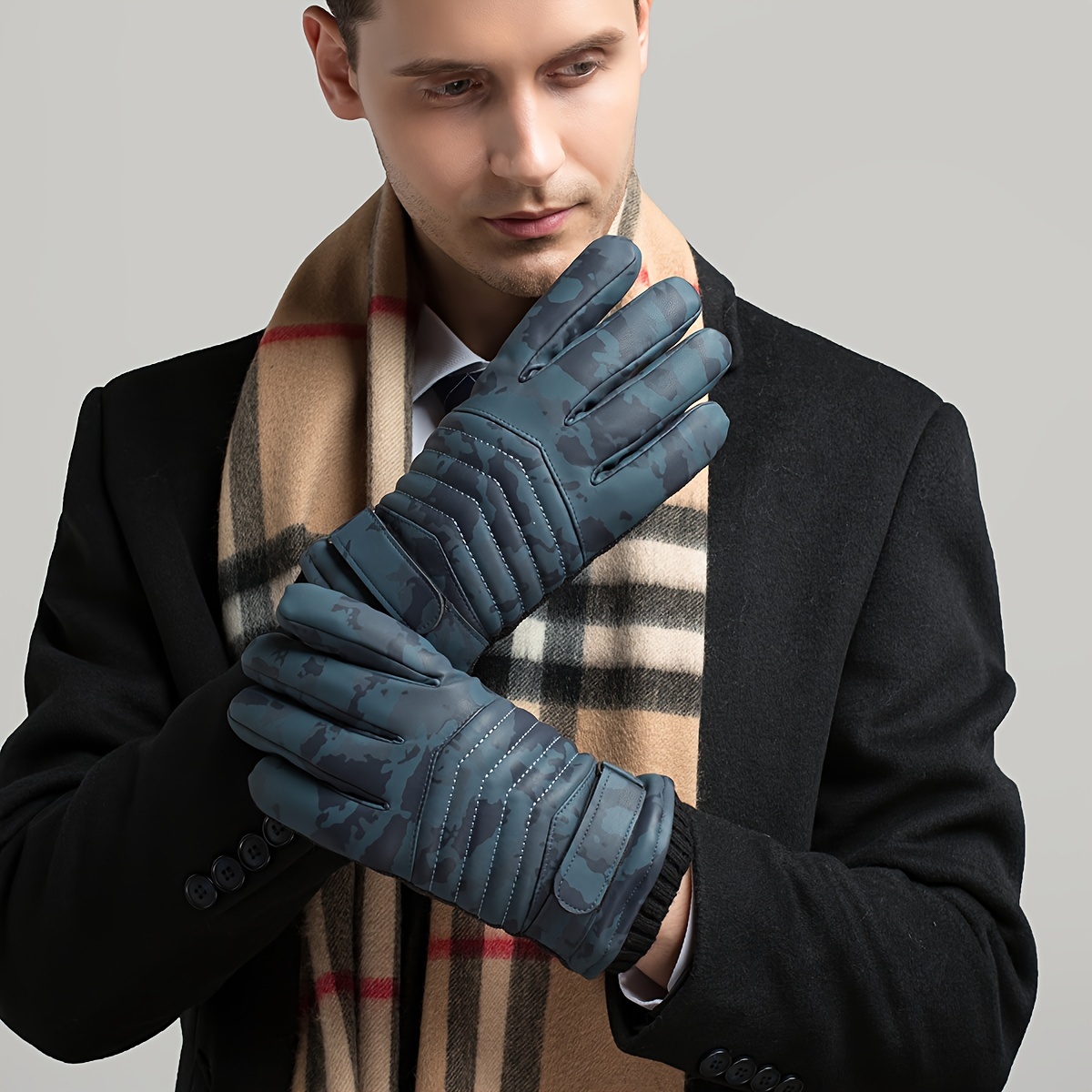 Casual Blue Denim Gloves, Men's Winter Warm Touch Screen PU Outdoor Sports Riding and Skiing Gloves,Temu