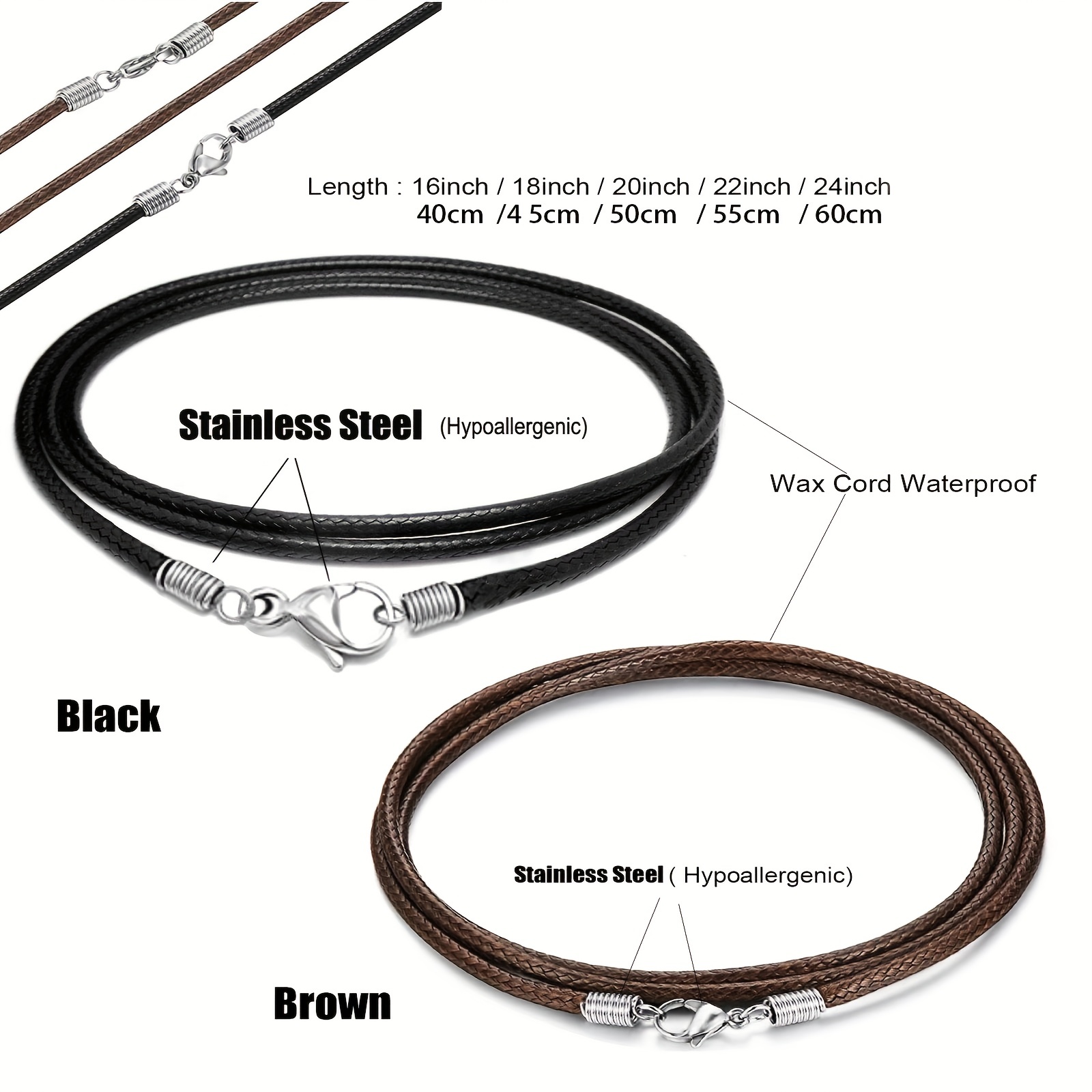 1pc 2mm Leather Necklace Cord With Clasp (No Pendants) 16inch-24inch  Braided Rope Necklace For Men Women Stainless Steel Clasp