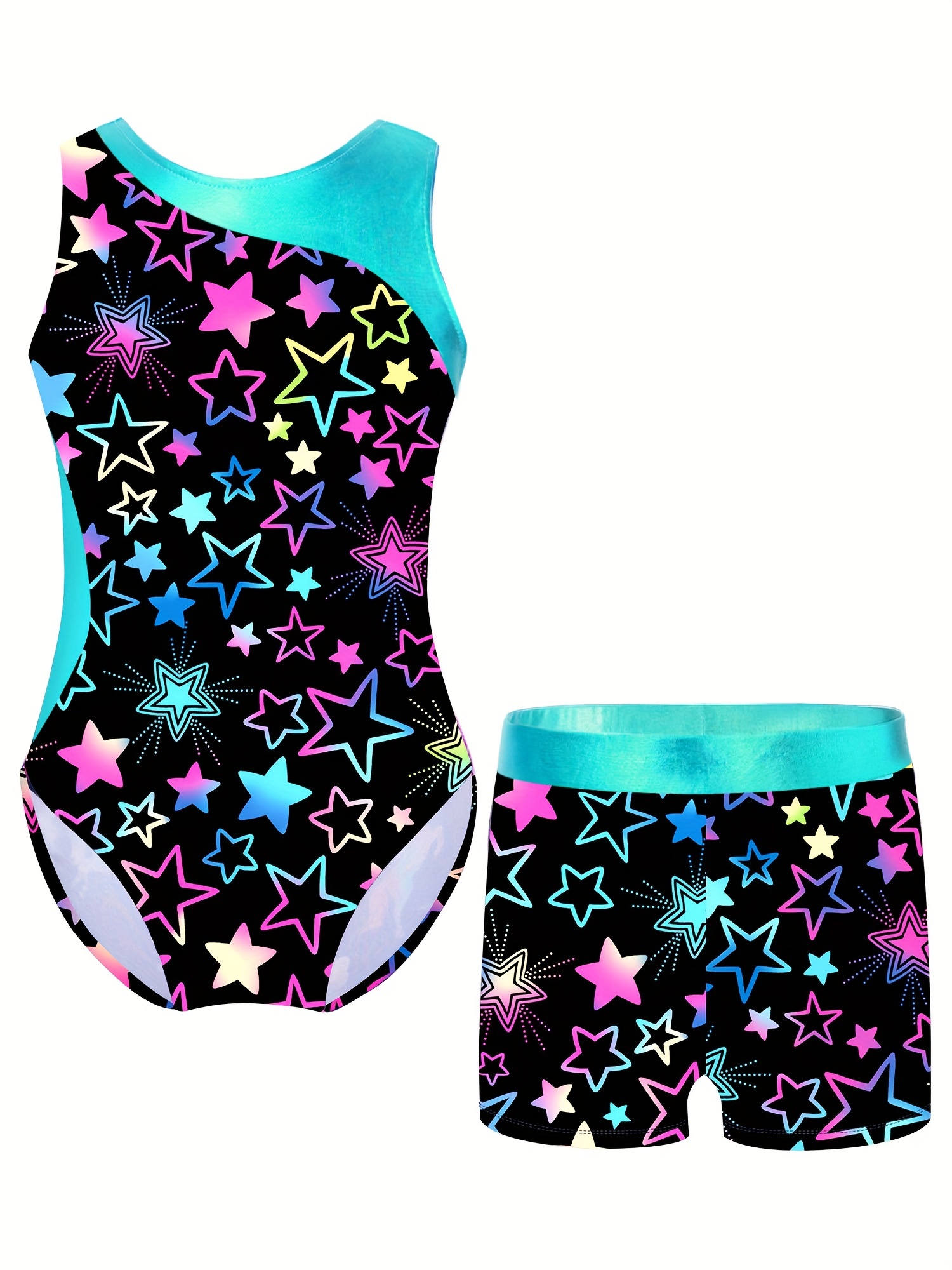 Girls 2pc Gymnastics Training Sets Sleeveless Athletic Jumpsuit & Shorts