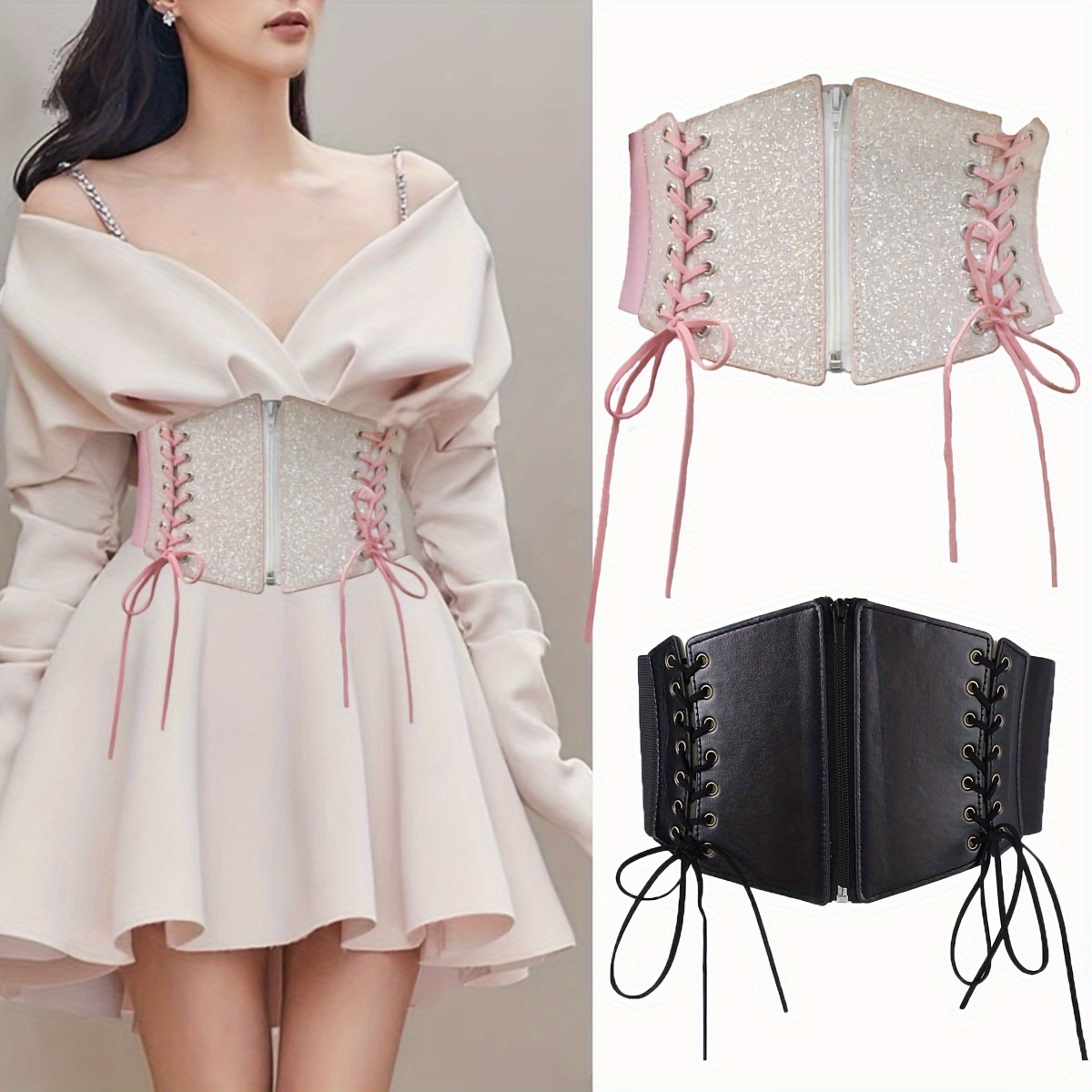 Seyurigaoka Womens Wide Elastic Lace-up Waist Belt Adjustable Leather Cinch  Corset Waistband (Pink, Small) 
