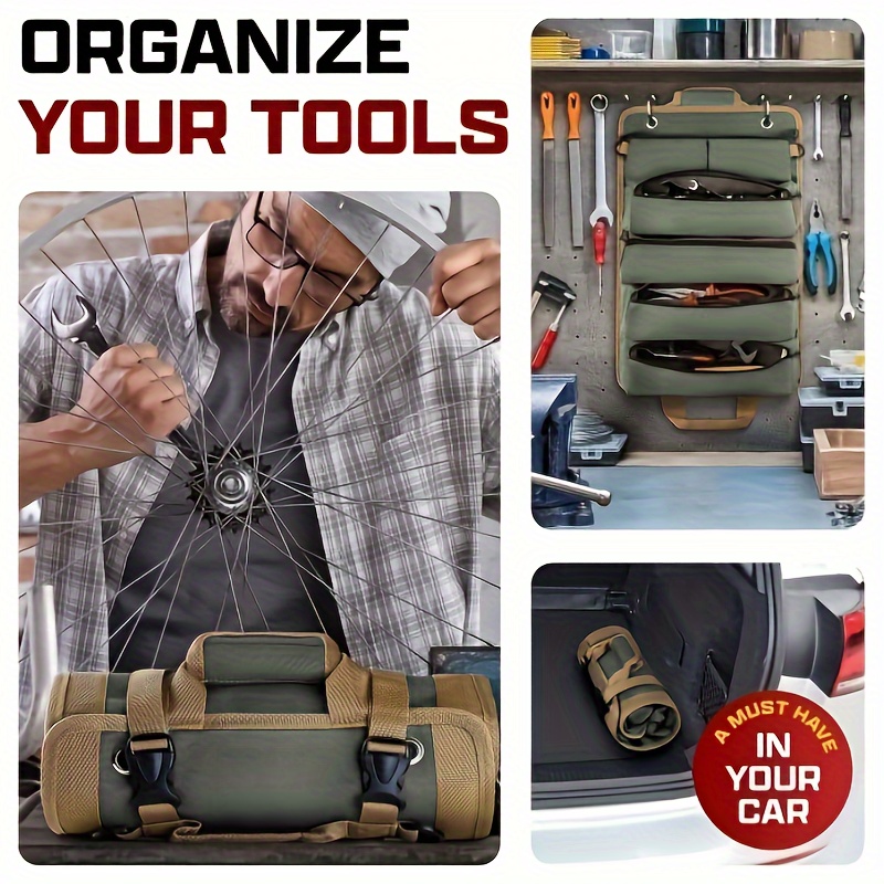 1pc Tool Organizers, Tool Roll Up Bag, Heavy Duty Roll Up Tool Bag Organizer, Portable Roll Up Tool Bag With 2 Detachable Pouch, Gifts For Him Tool Roll Organizer For Mechanic, Electrician & Hobbyist - Click Image to Close