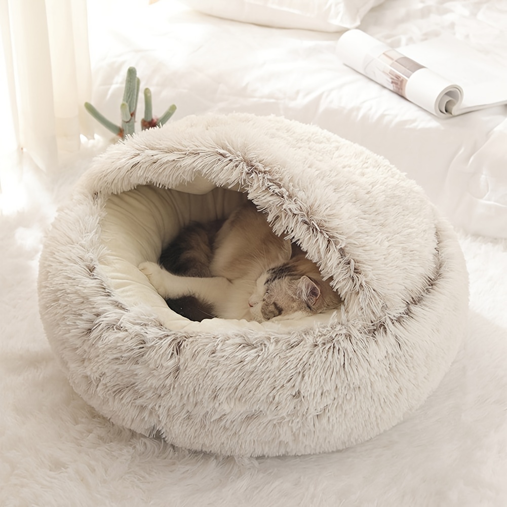 Plush Hooded Cat Cave Bed Round Pet Sleeping Cushion Bed