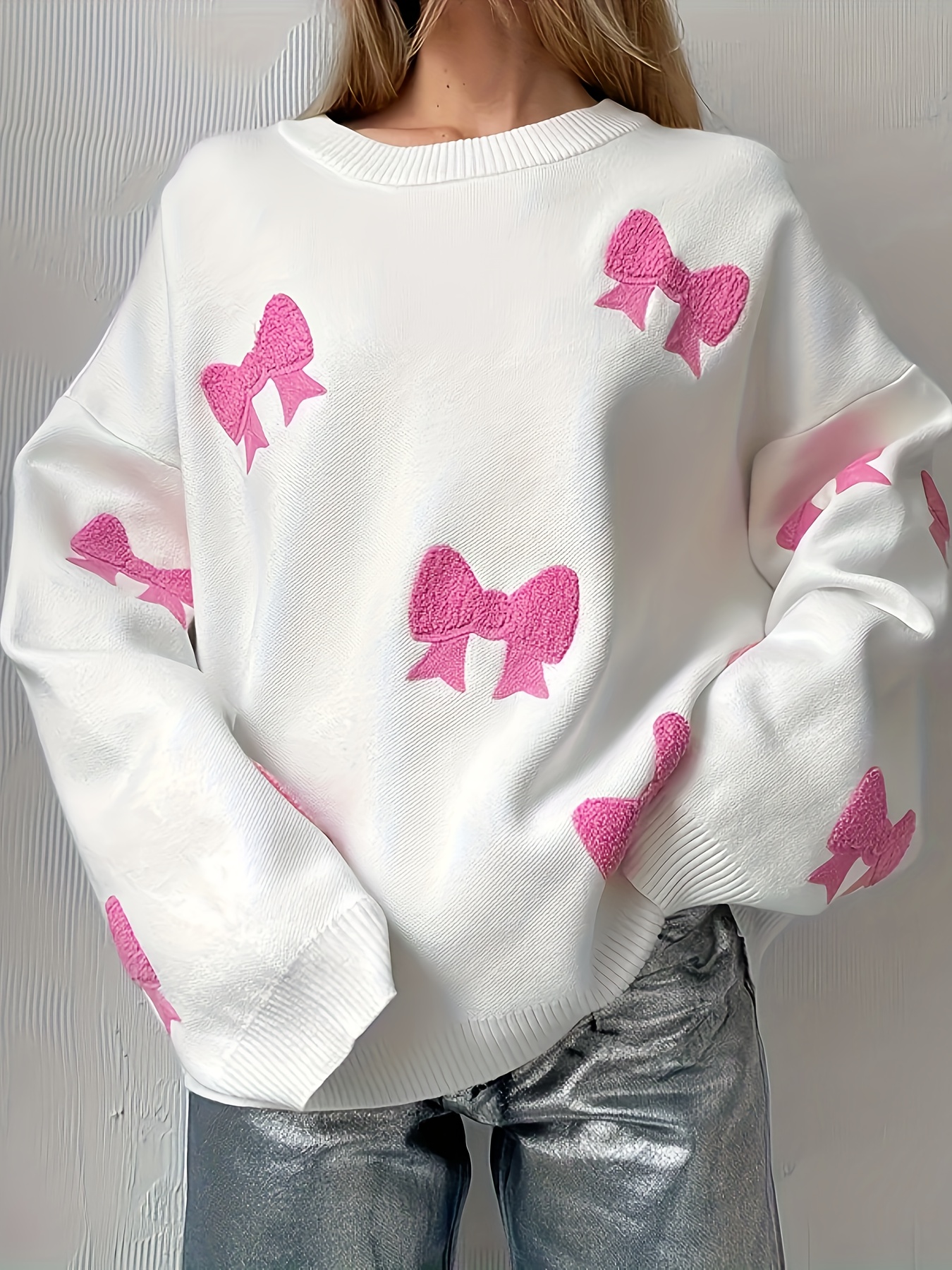 Bow Pattern Loose Pullover Sweater, Casual Long Sleeve Drop Shoulder Sweater, Women's Clothing