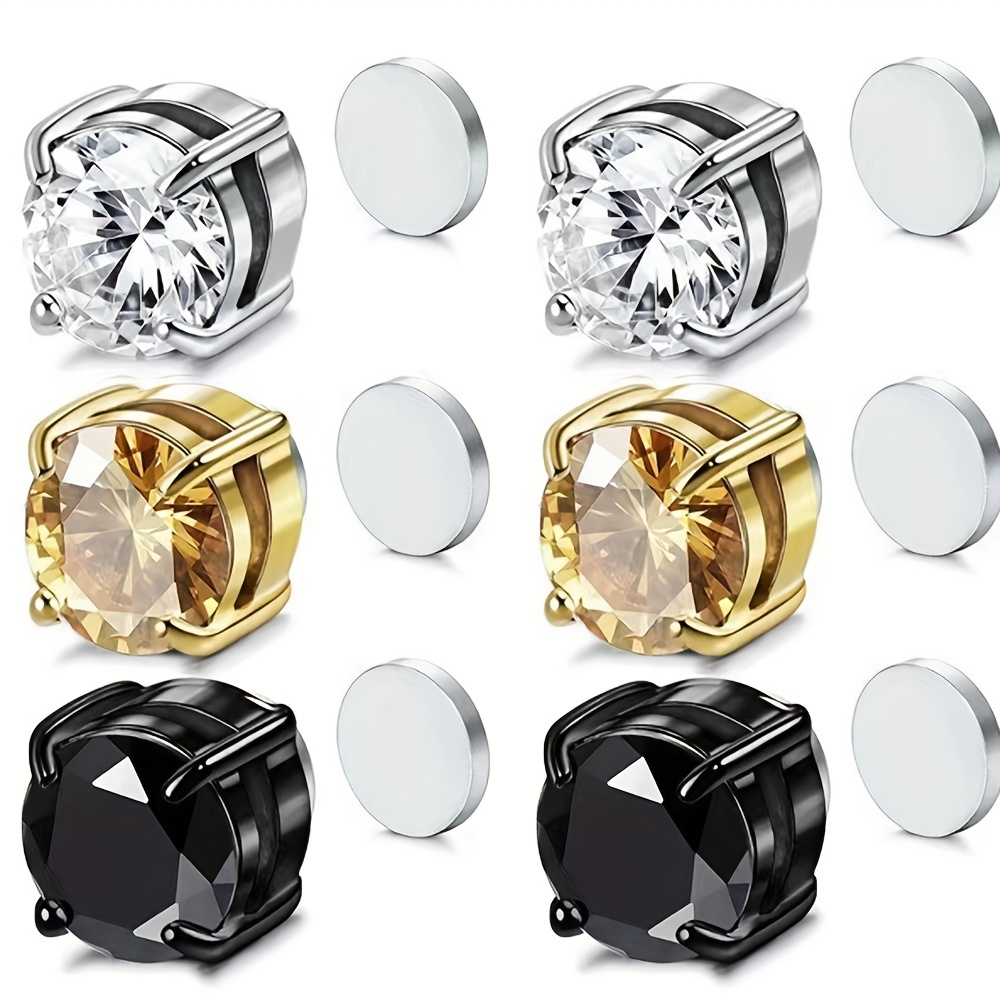 6pcs Stainless Steel Non Piercing Magnetic Earrings, Zircon Magnetic Ear  Clip, Hip Hop Simple Ear Jewelry For Men