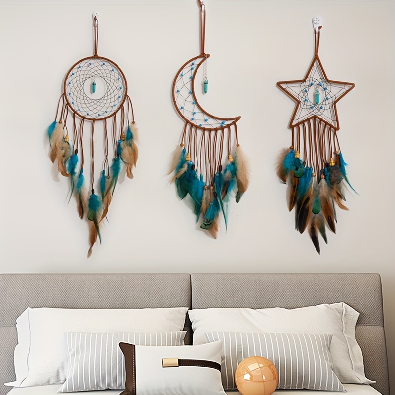 Atrapasueños grande con luna y estrellas colgando sobre la cama, plumas,  atrapasueños para el hogar, decoración para colgar en la pared, plumas