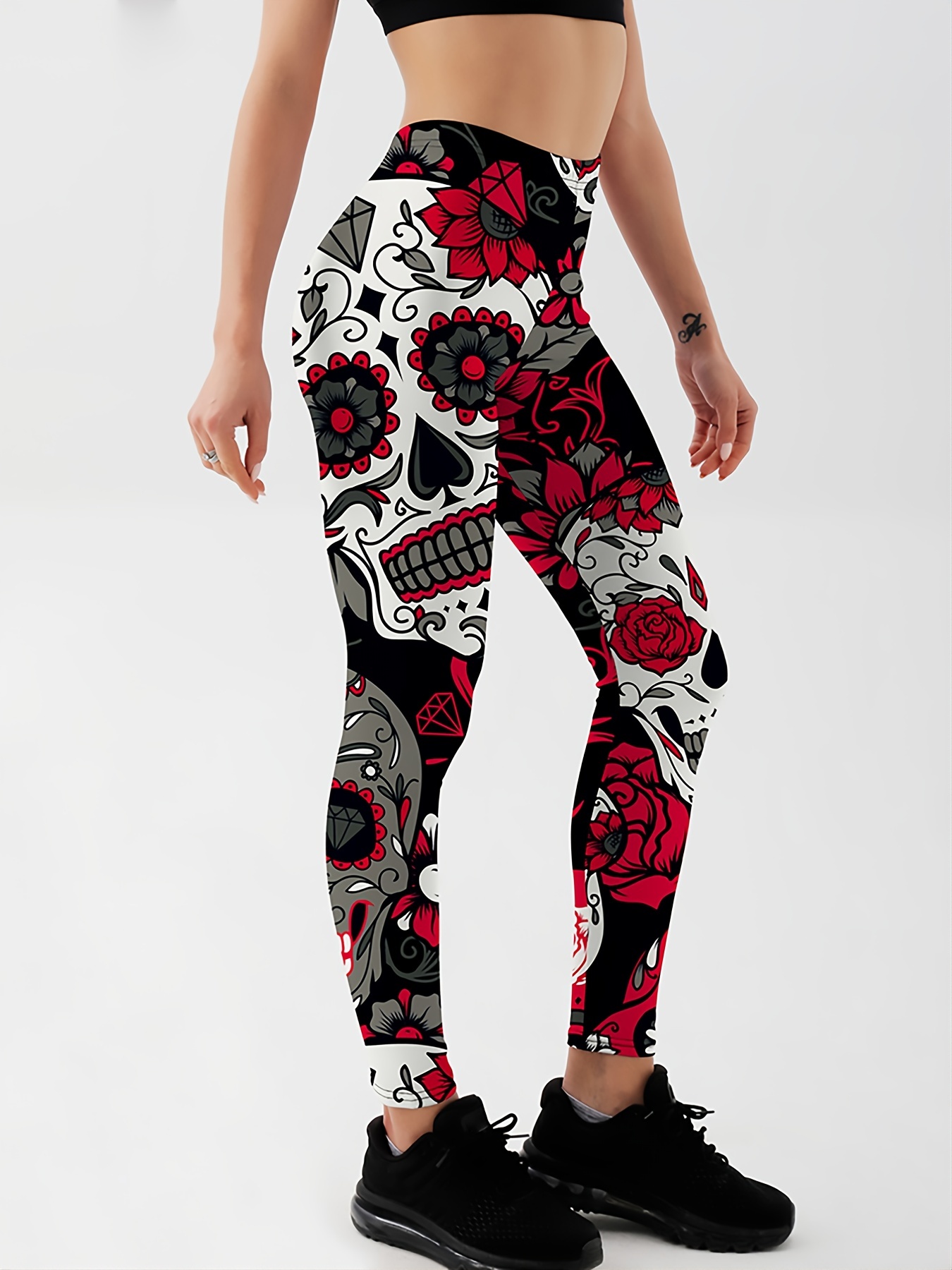 Color Block Flower Skull Print Print Yoga Leggings Fashion - Temu United  Kingdom