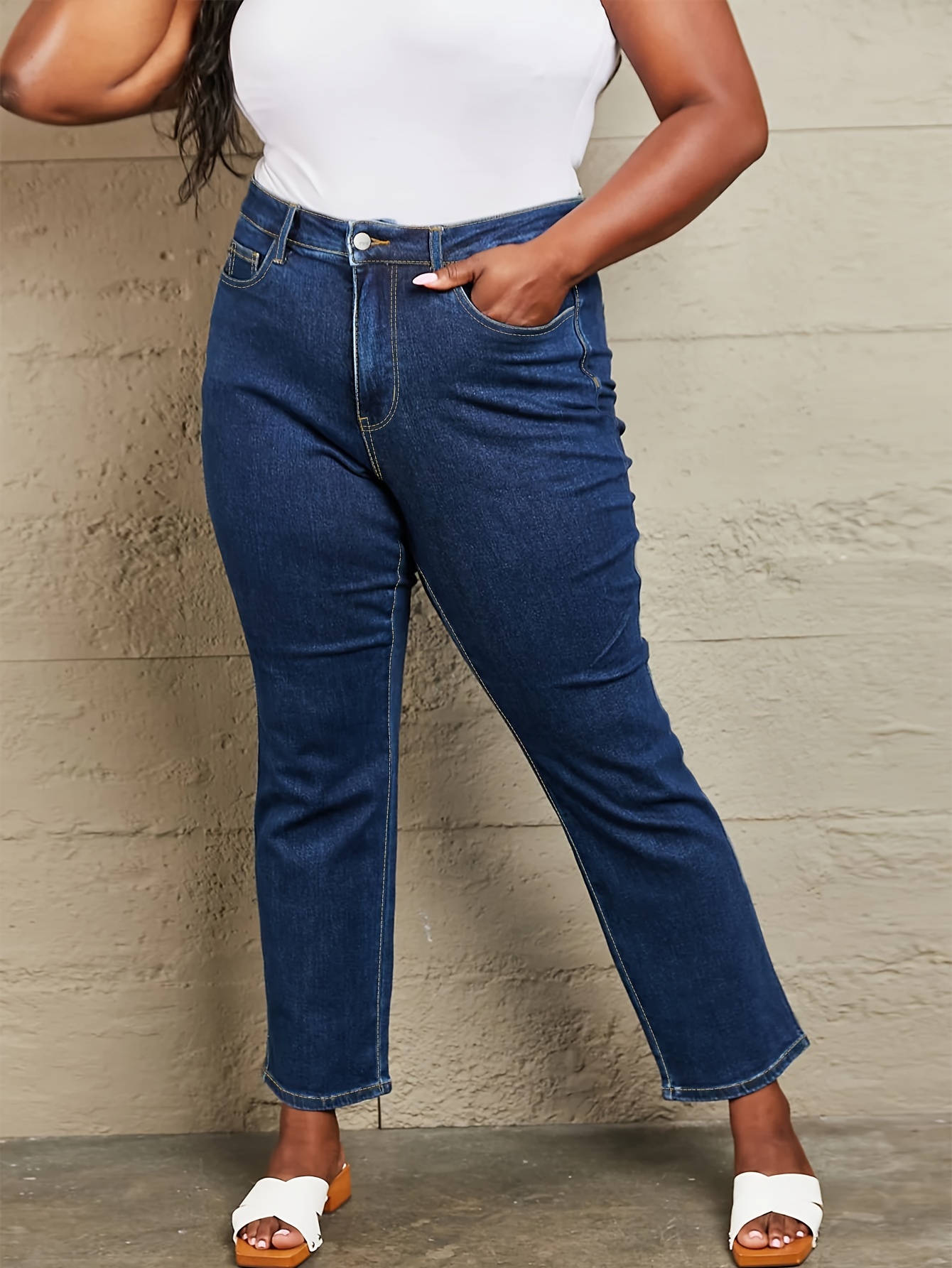 Women's Basic Jeans, Plus Size Plain Slash Pocket Medium Stretch High *  Slim Fit Curvy Denim Pants