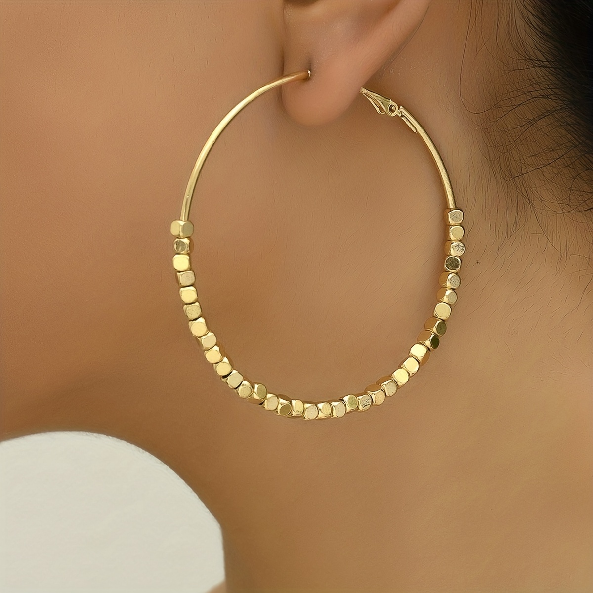 Women's Elegant Golden-Tone Beaded Hoop Earrings