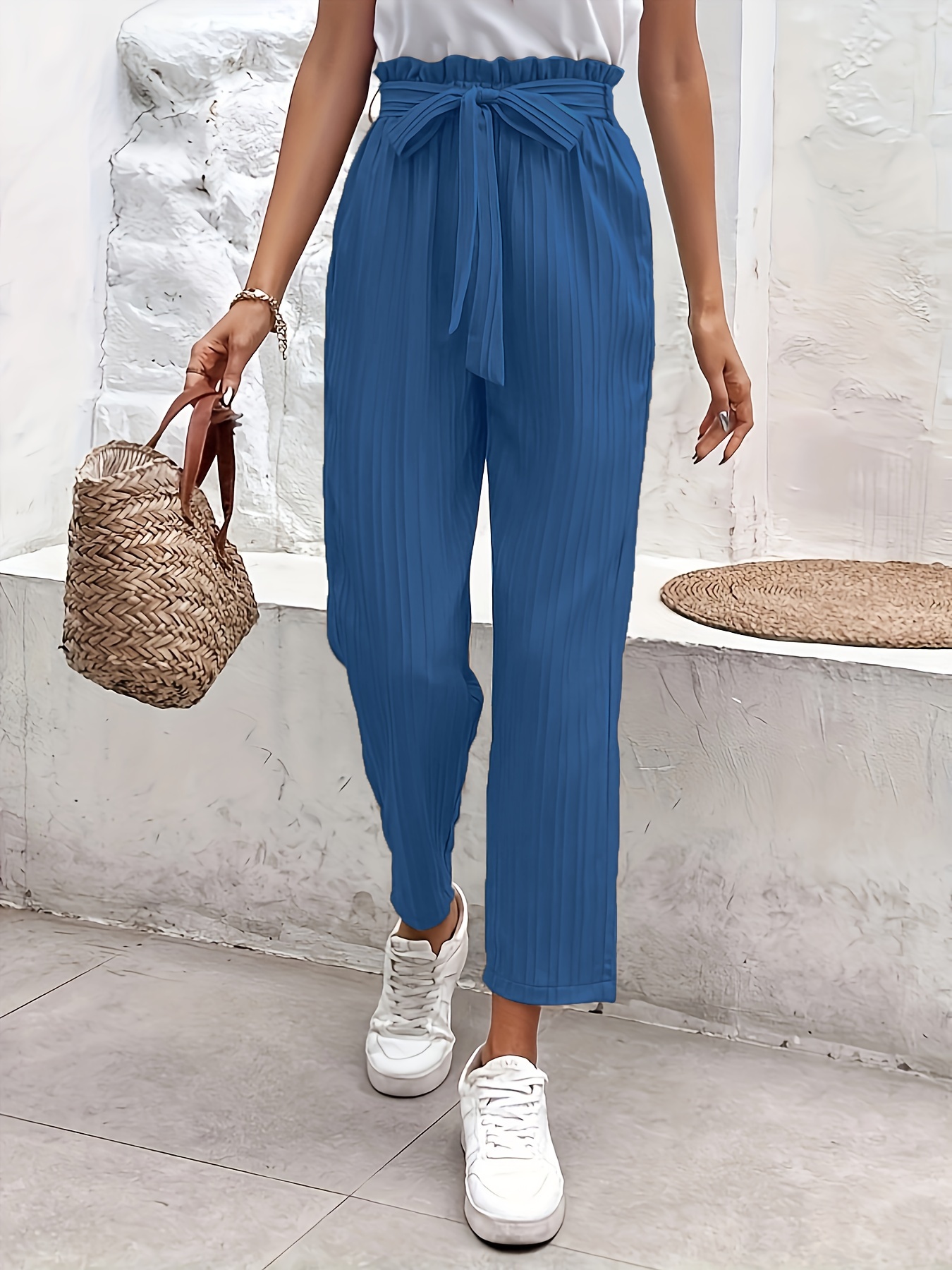 Knotted Paper Bag Waist Pants Casual Solid Long Length Pants - Temu Italy