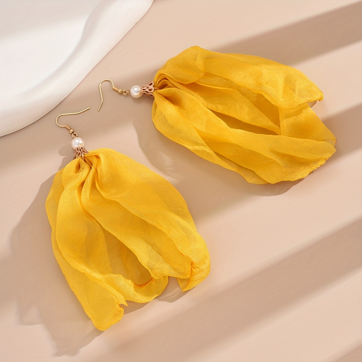 Green Yellow Fabric Flower Earrings with Faux Pearl Dangle
