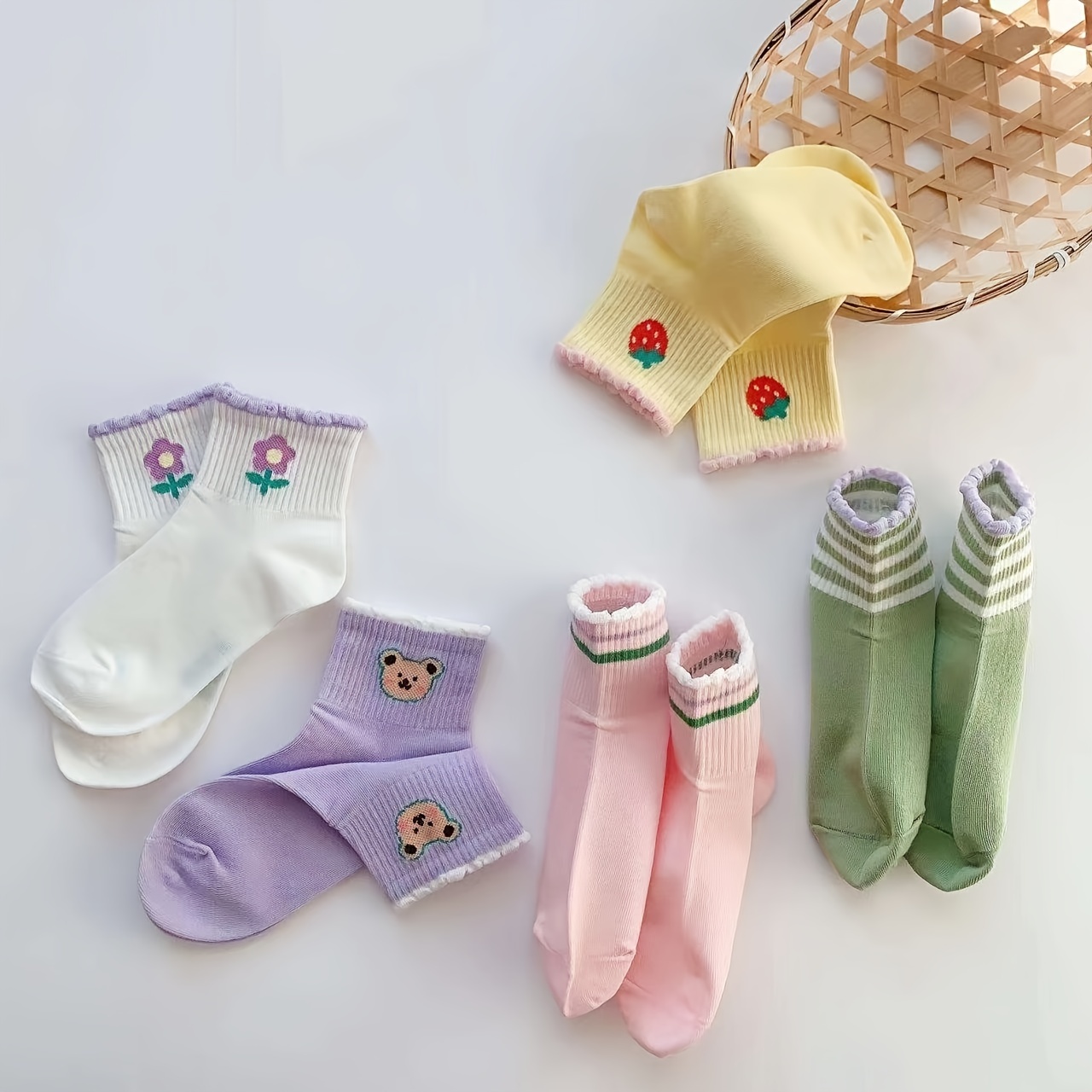 5 Pairs Girls Cartoon Print Ruffled Knit Socks for Spring & Summer