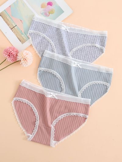Bow Lace Panel Bikini Panties, Comfort & Breathable Ribbed Medium Stretch Cotton Panties, Underwear & Lingerie - Temu