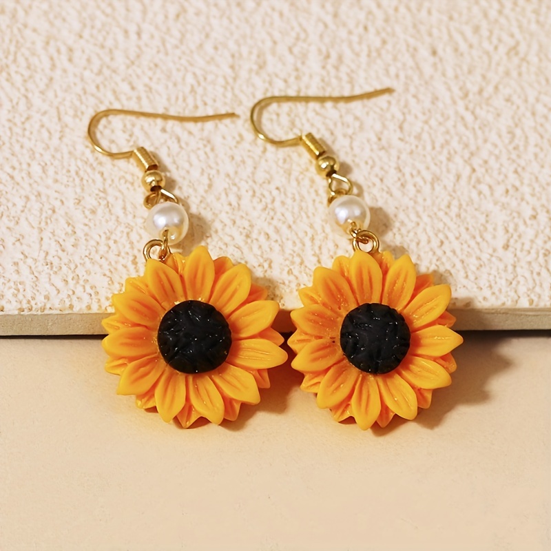 sunflower faux pearl decor hook dangle earrings elegant cute style resin jewelry delicate female gift 0