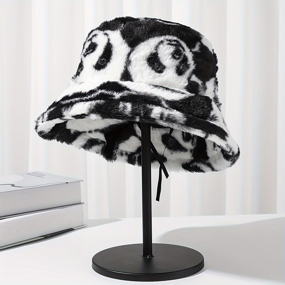 

Panda Print Fuzzy Bucket Hat For Women Trendy Black & White Plush Basin Hats Winter Warm Thick Fisherman Cap