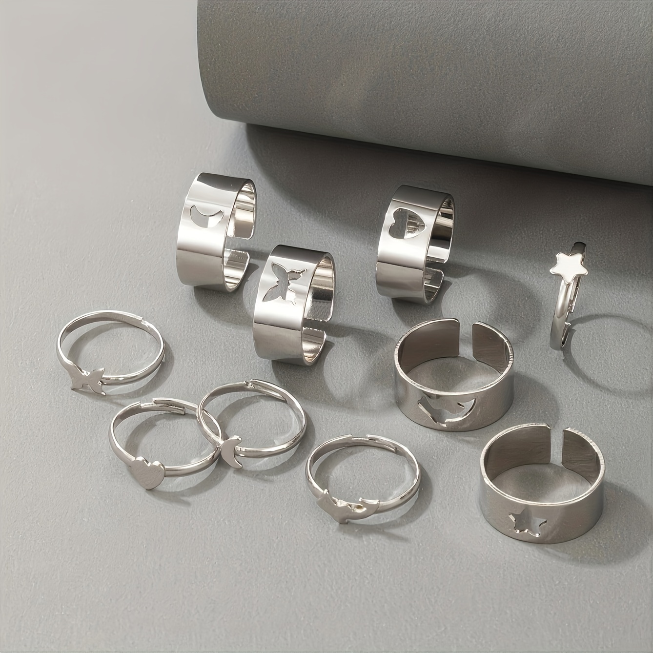 10pcs Creative Punk Ring Set Butterfly Love Moon Star Dolphin Alloy Ring