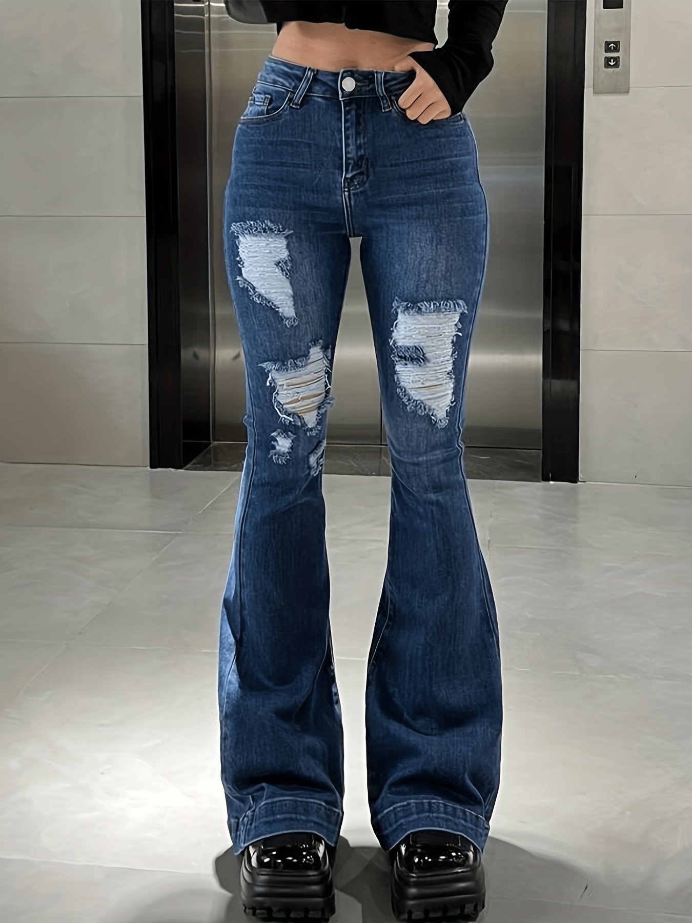 CuteCherry Bell Bottom Jeans for Women Ripped Distressed Flare