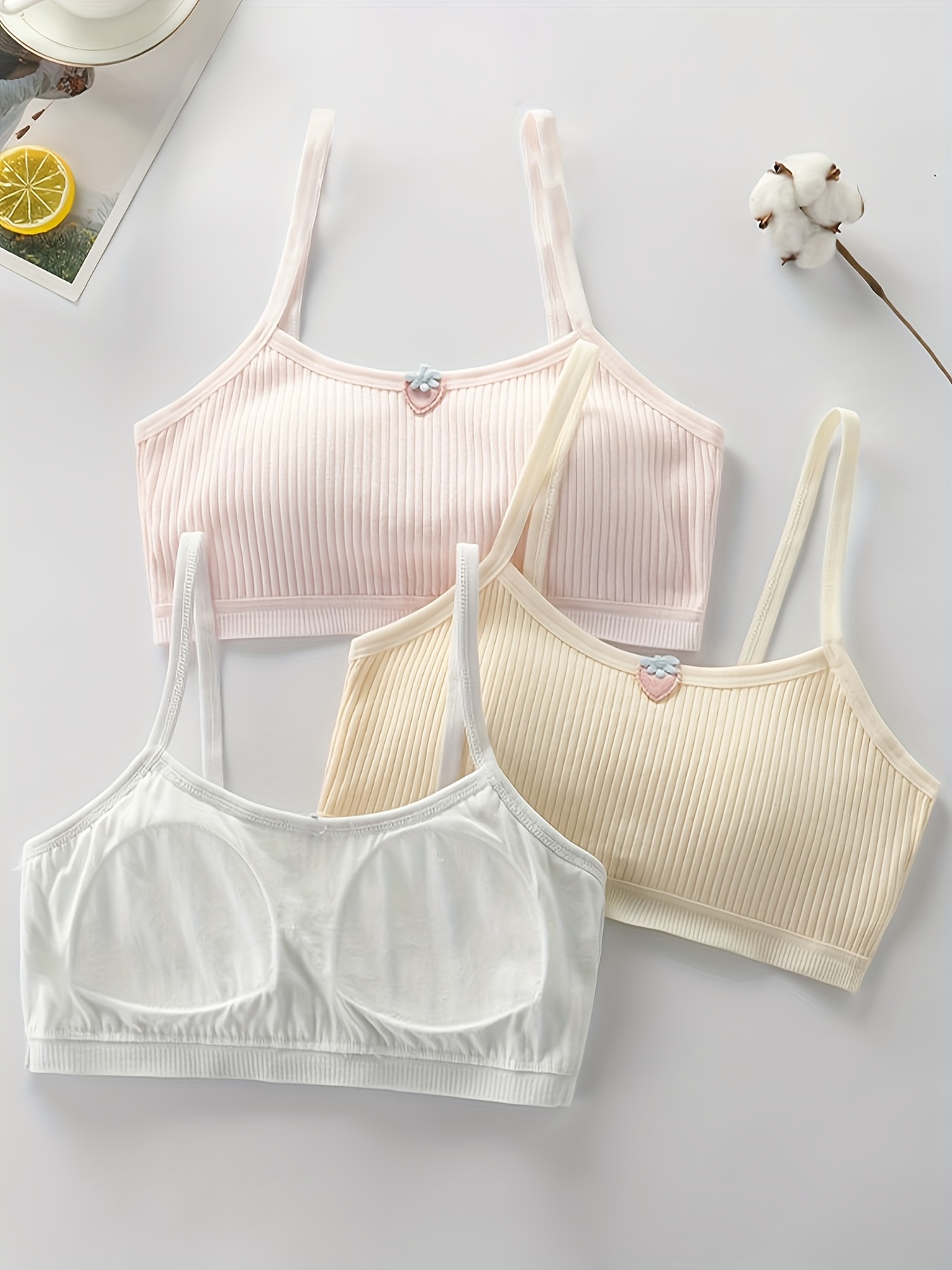 3pcs Girls Cute Camisole Bras Mixed Color Letter Edge Thin Suspenders Comfy  Breathable Tube Top For 9-15 Years