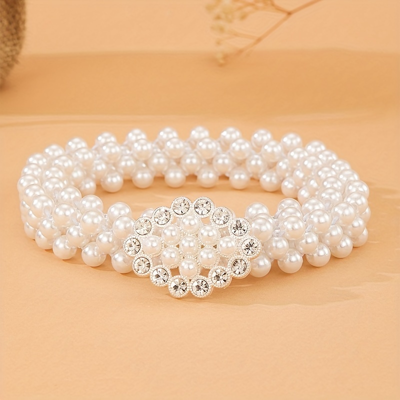 Crystal Flower Faux Pearl Belt Elegant White Waist Chain For - Temu