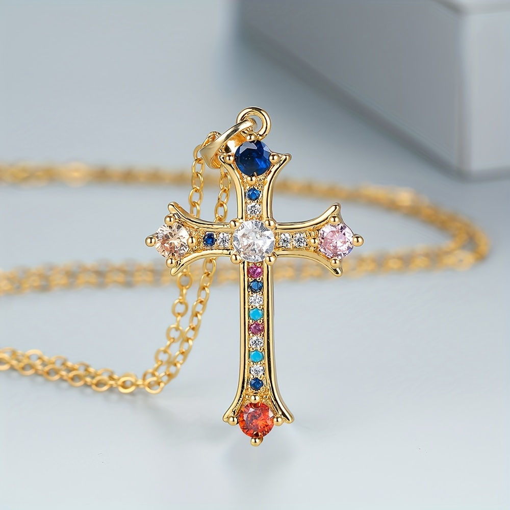 luxury cross pendant necklace inlaid multicolor zircon 18k gold plated ornament christmas easter neck jewelry gift for women 5