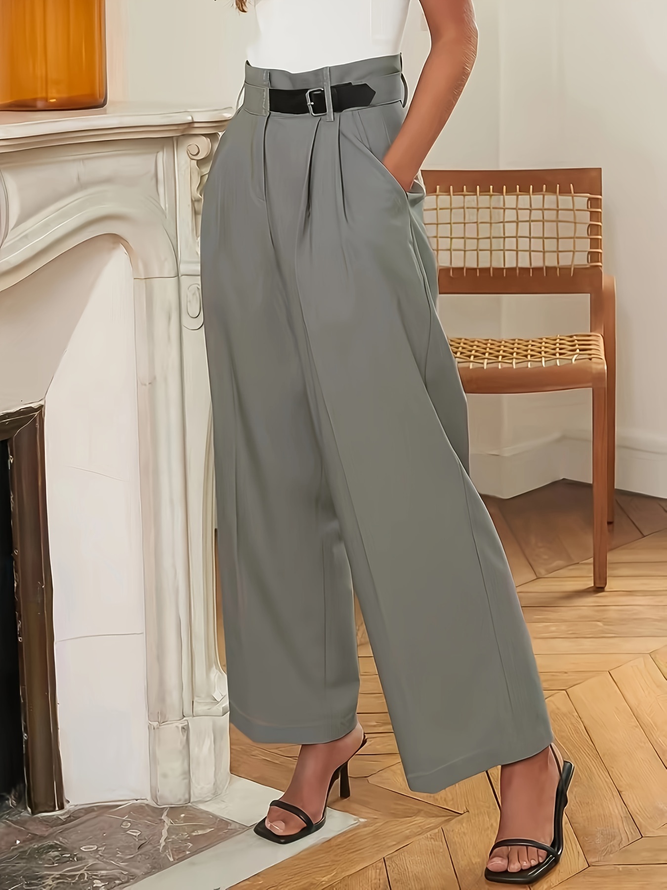 Tucked Wide Leg Pants, Casual Solid Long Length Pants, Women's Clothing