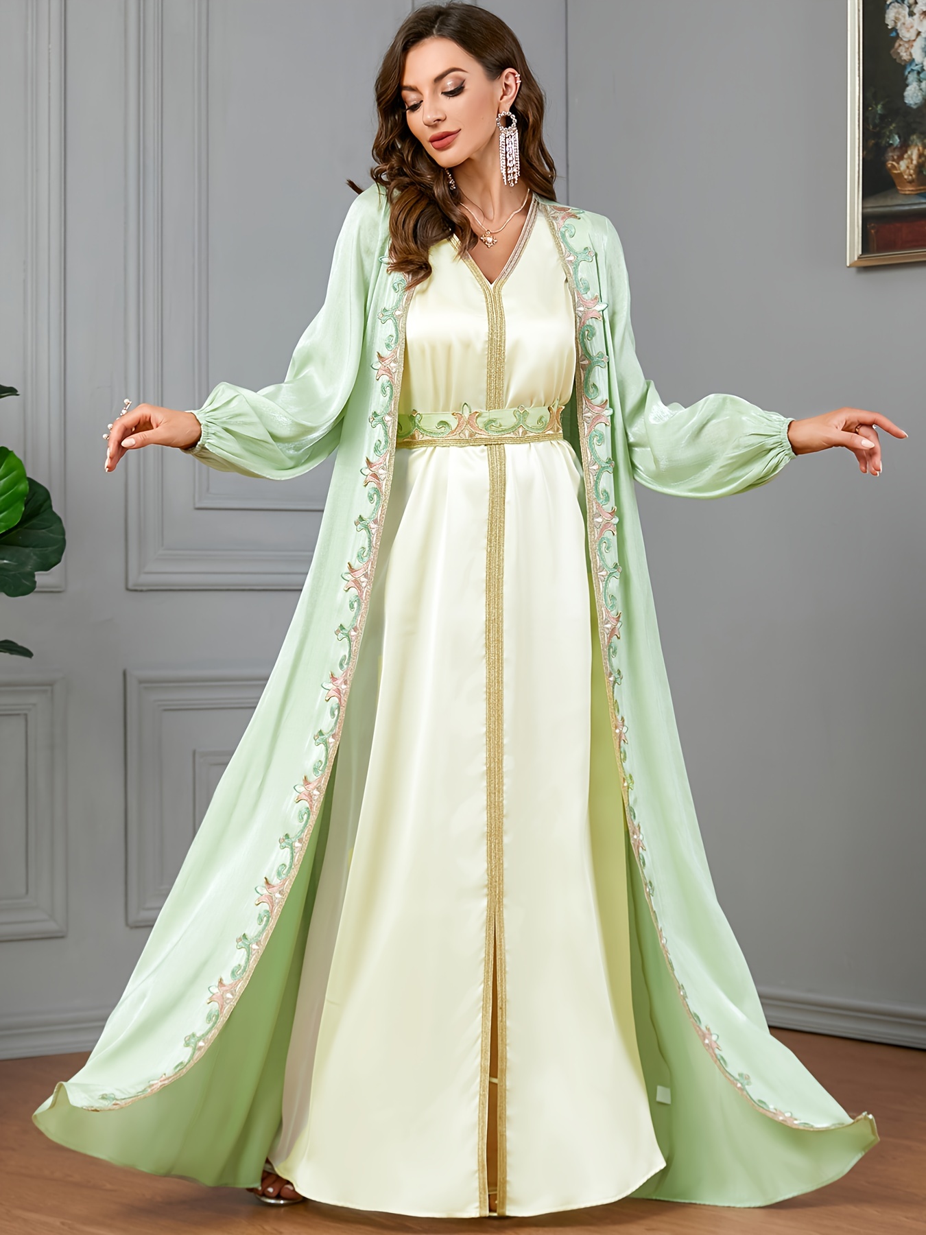 Ramadan Elegant Two piece Dress Set Contrast Trim - Temu