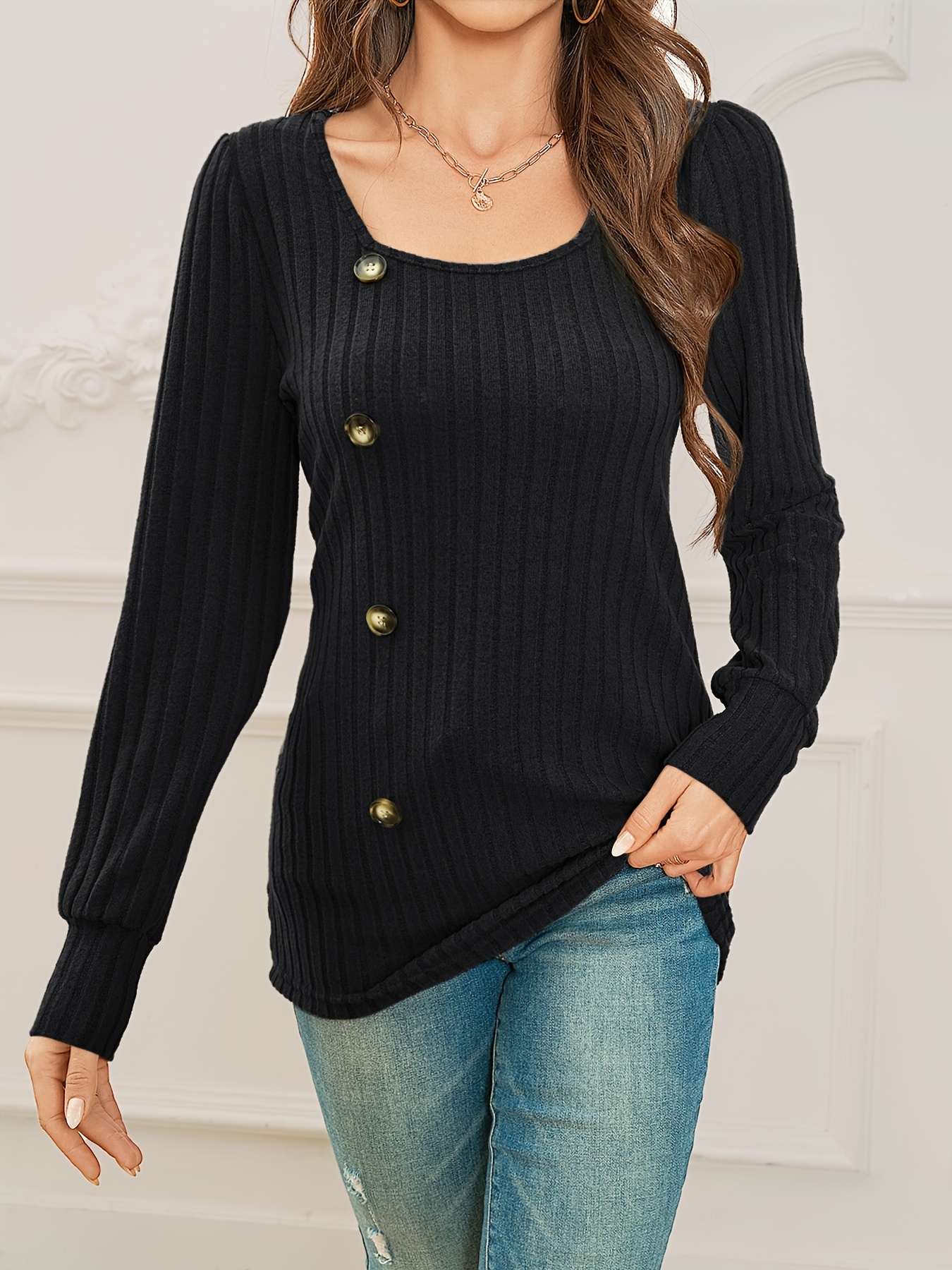 Button Decor Scoop Neck Ribbed T shirt Casual Long Sleeve T - Temu