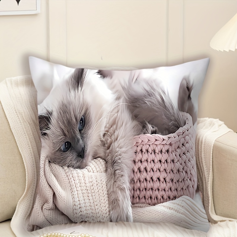 

1pc, Cuddly Cat Polyester Cushion Cover, Pillow Cover, Room Decor, Bedroom Decor, Sofa Decor, Collectible Buildings Accessories (cushion Is Not Included)