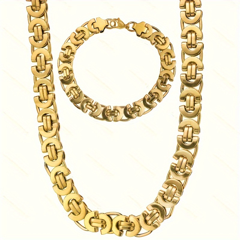 Image of 11mm Wide Fashion Stainless Steel Men's Golden Necklace Bracelet Flat -shaped Handmade Chain